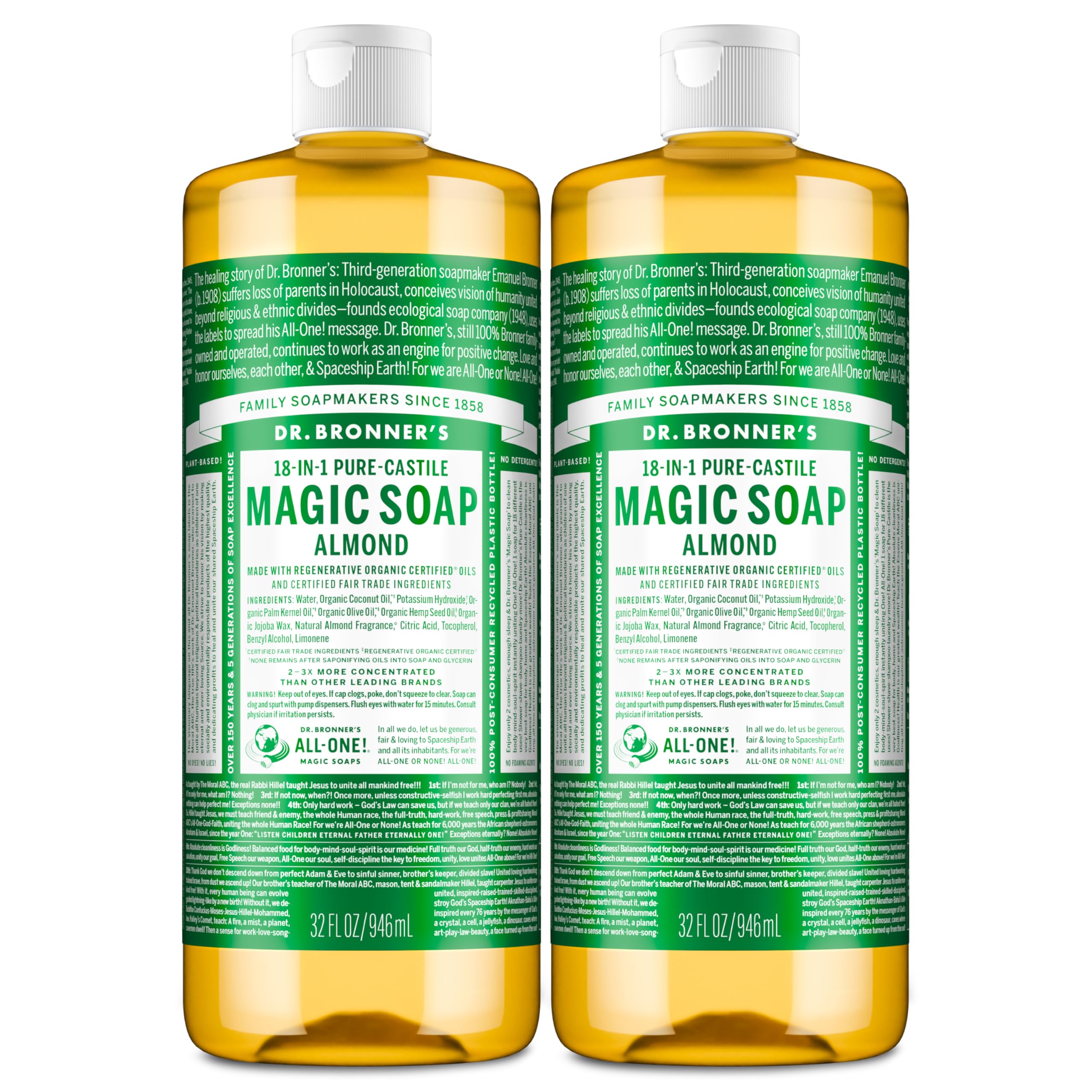Dr. Bronner's botella frontal pack de 2, solución concentrada y versátil