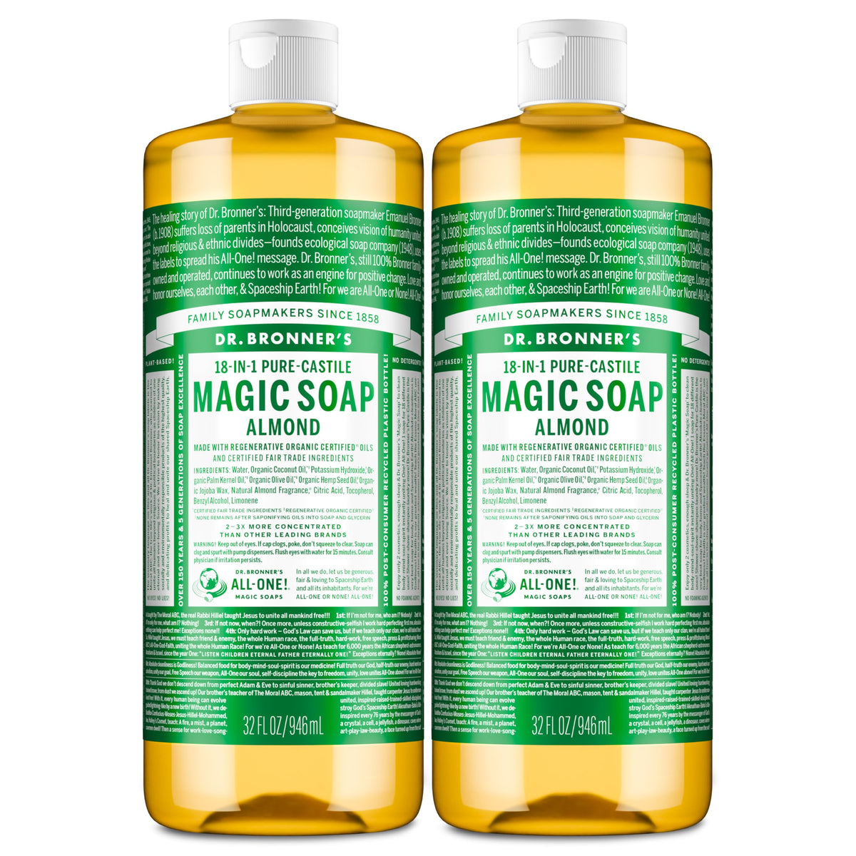 Dr. Bronner's botella frontal pack de 2, solución concentrada y versátil