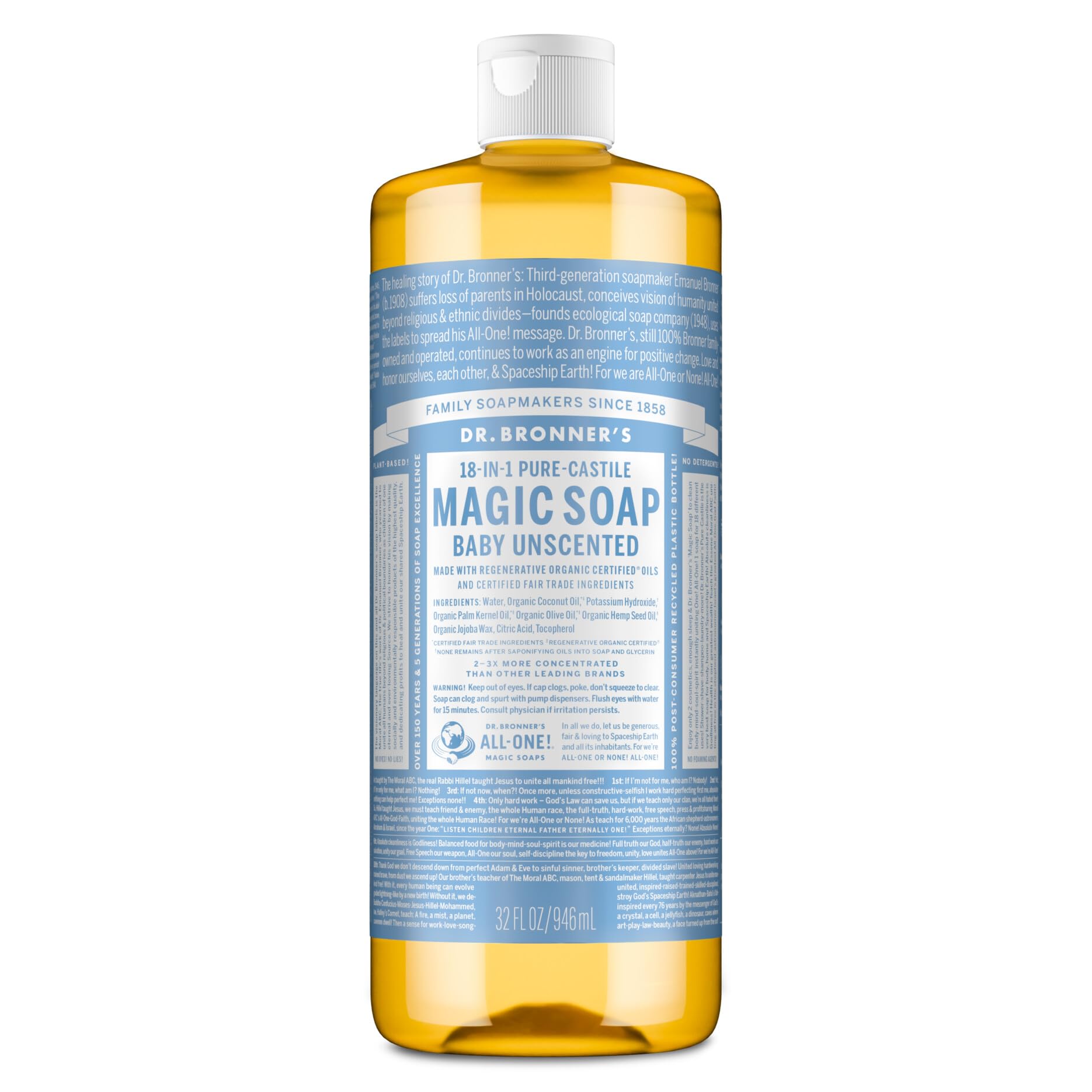 Dr. Bronner's botella frontal que muestra diseño y volumen, ideal para hogares sostenibles