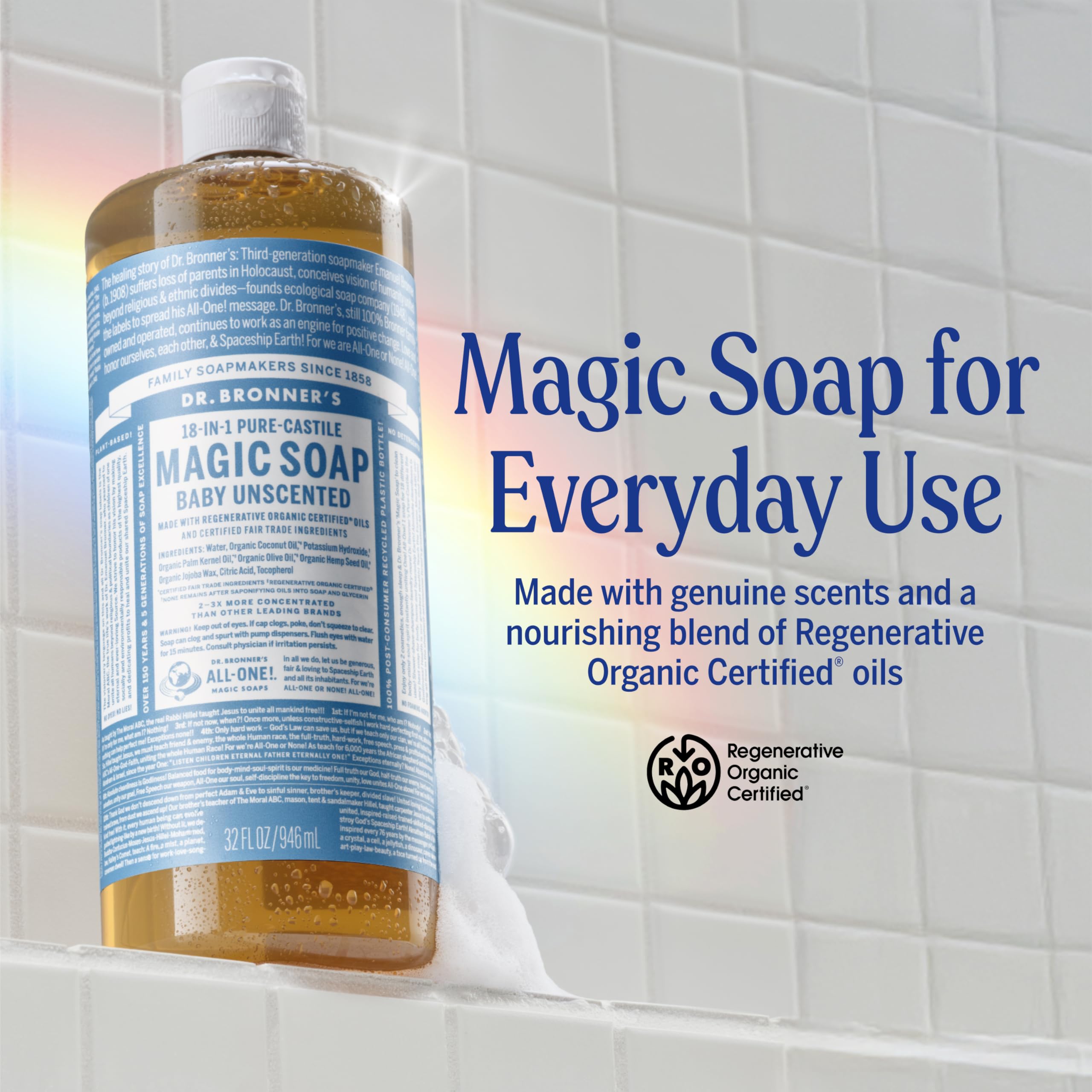 Dr. Bronner's espuma y textura del jabón, visual de espuma rica que facilita enjuague