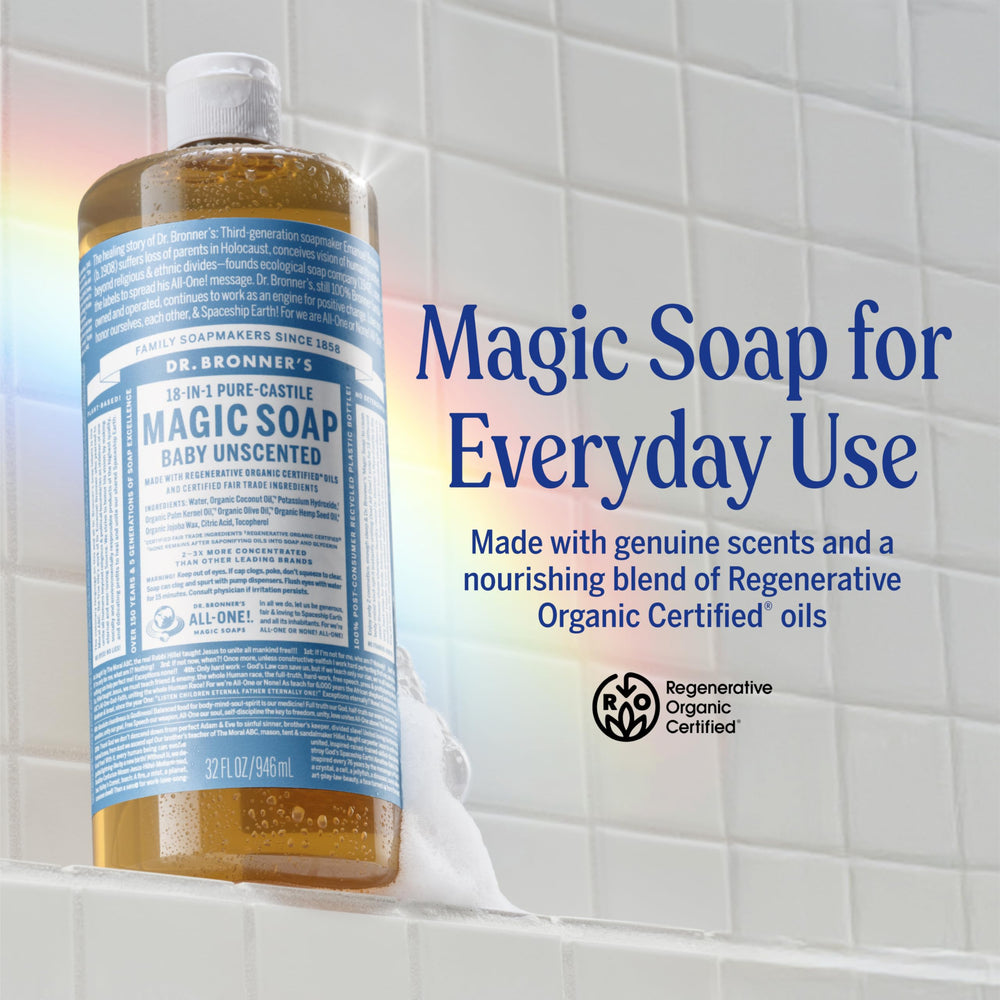 Dr. Bronner's espuma y textura del jabón, visual de espuma rica que facilita enjuague