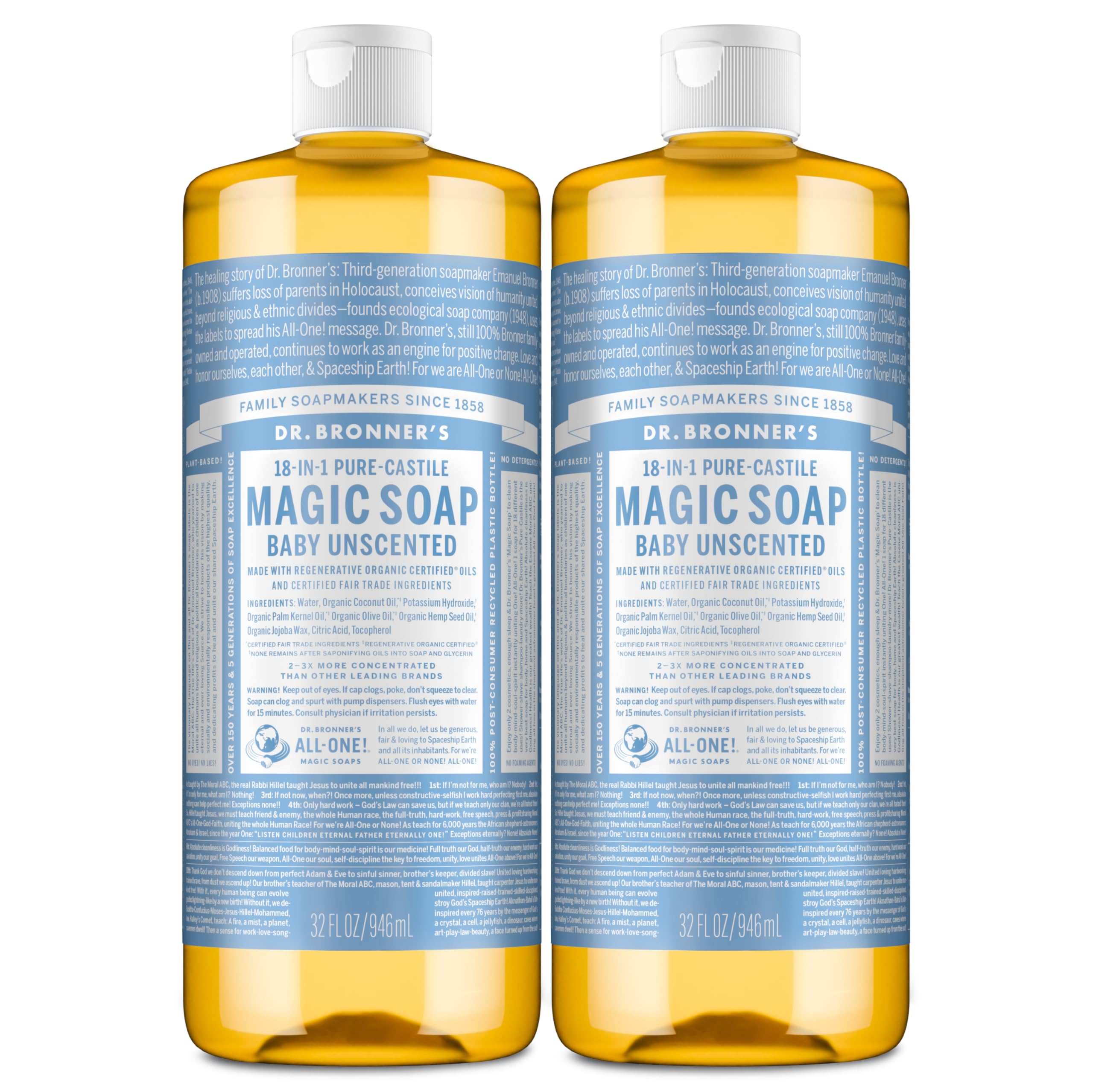 Dr. Bronner's envase frontal 32 oz sin fragancia, presentación clara y concentrada