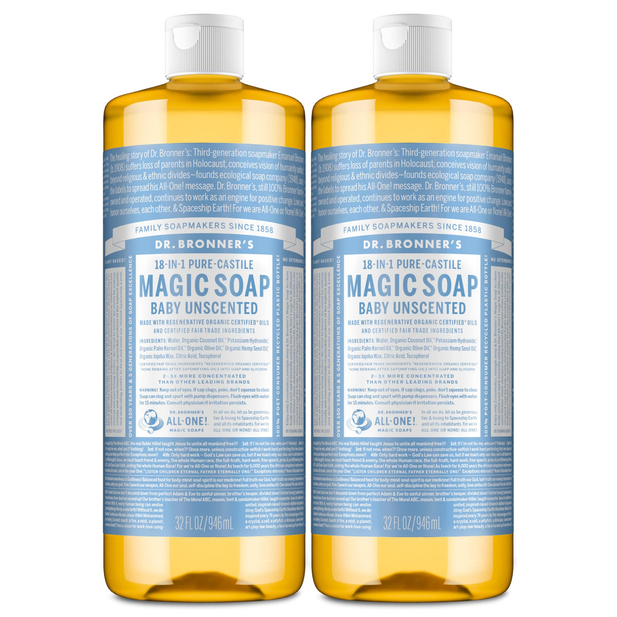 Dr. Bronner's envase frontal 32 oz sin fragancia, presentación clara y concentrada