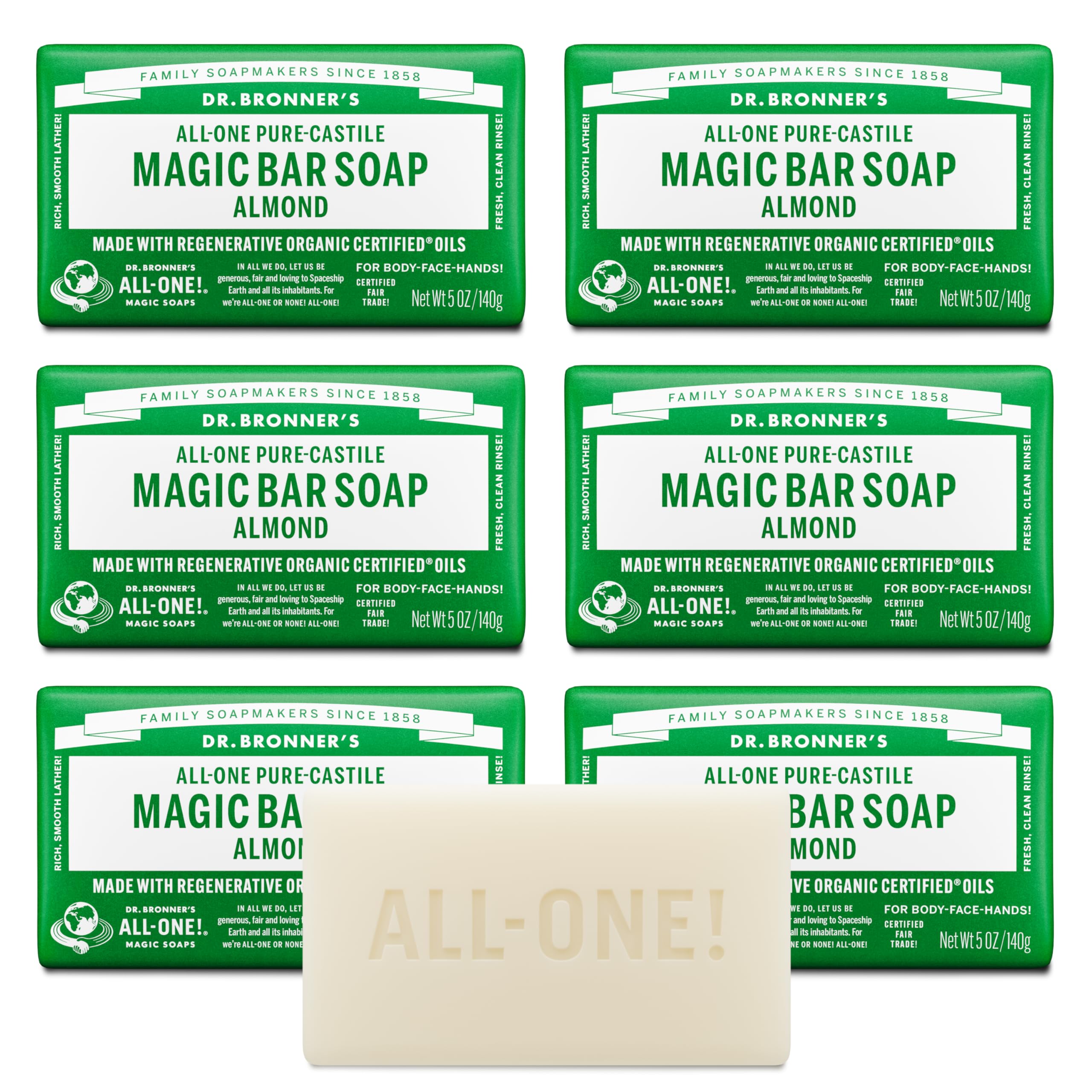 Dr. Bronner's vista frontal de la barra mostrando limpieza y simplicidad