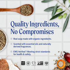 Dr. Bronner's etiqueta de barra con ingredientes orgánicos visibles y claros