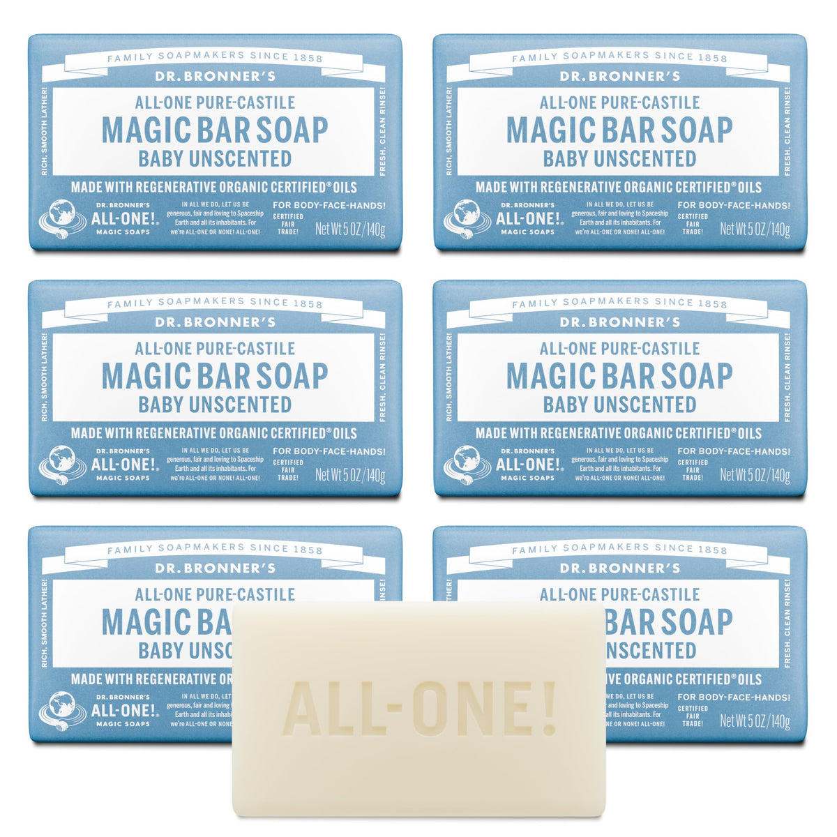 Dr. Bronner's frontal del embalaje mostrando el sello baby sin fragancia y limpieza suave