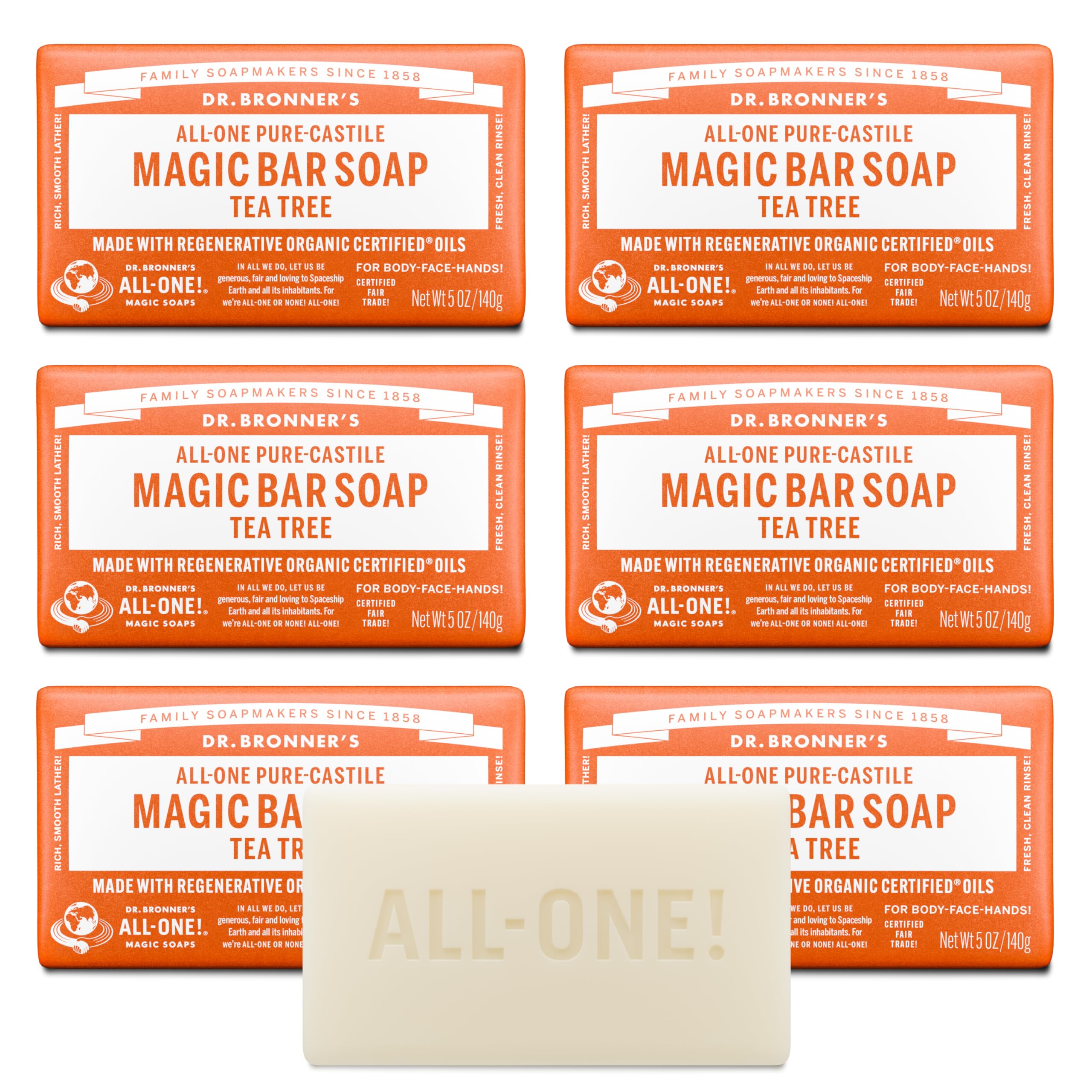 Dr. Bronner's barra frontal empacada mostrando tamaño y beneficio ecológico