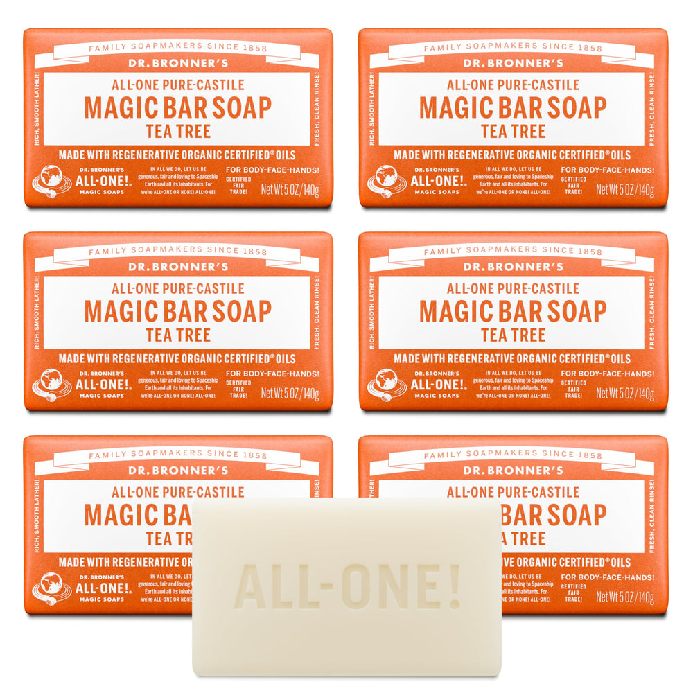 Dr. Bronner's barra frontal empacada mostrando tamaño y beneficio ecológico