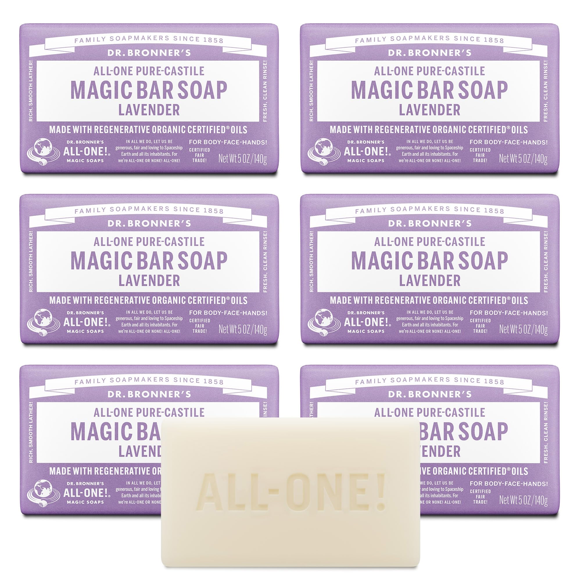 Dr. Bronner's frontal del paquete mostrando barras y aroma lavanda portátil