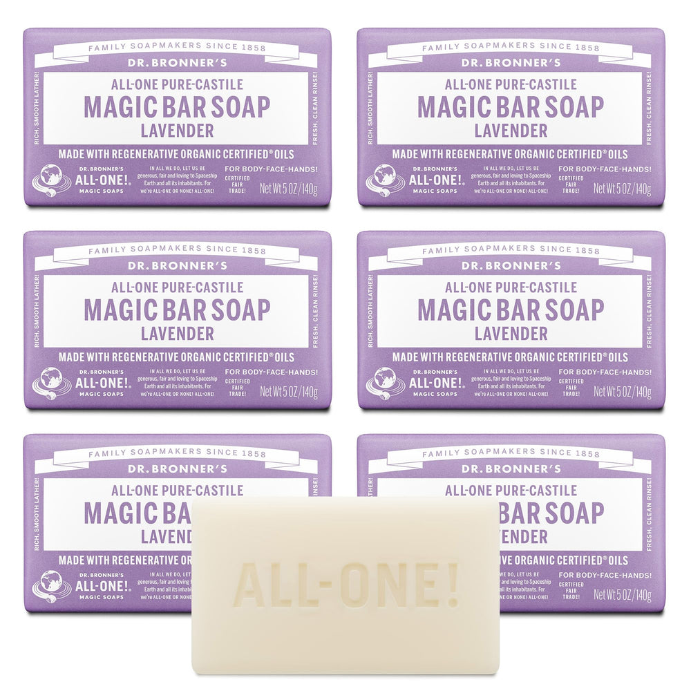 Dr. Bronner's frontal del paquete mostrando barras y aroma lavanda portátil