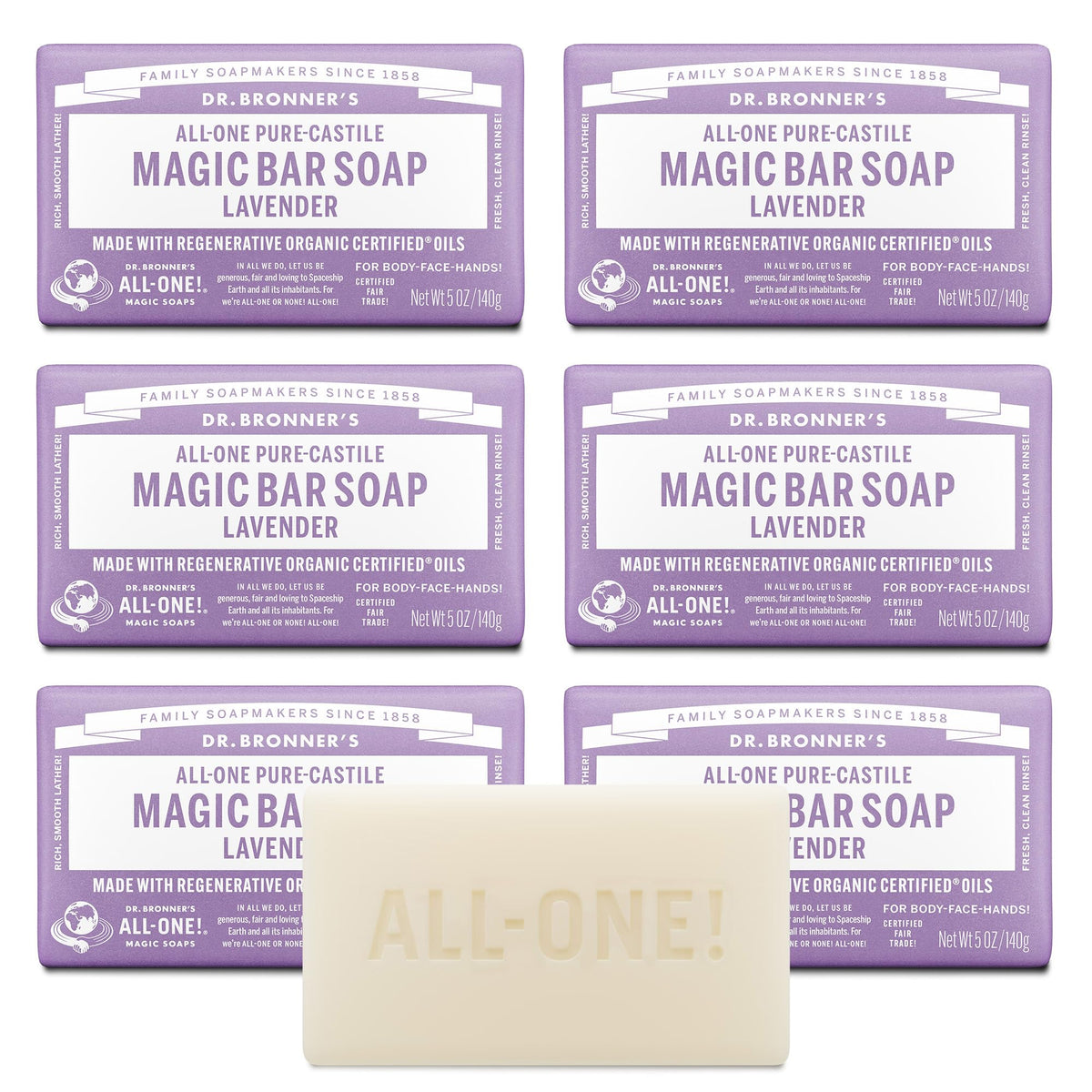 Dr. Bronner's frontal del paquete mostrando barras y aroma lavanda portátil