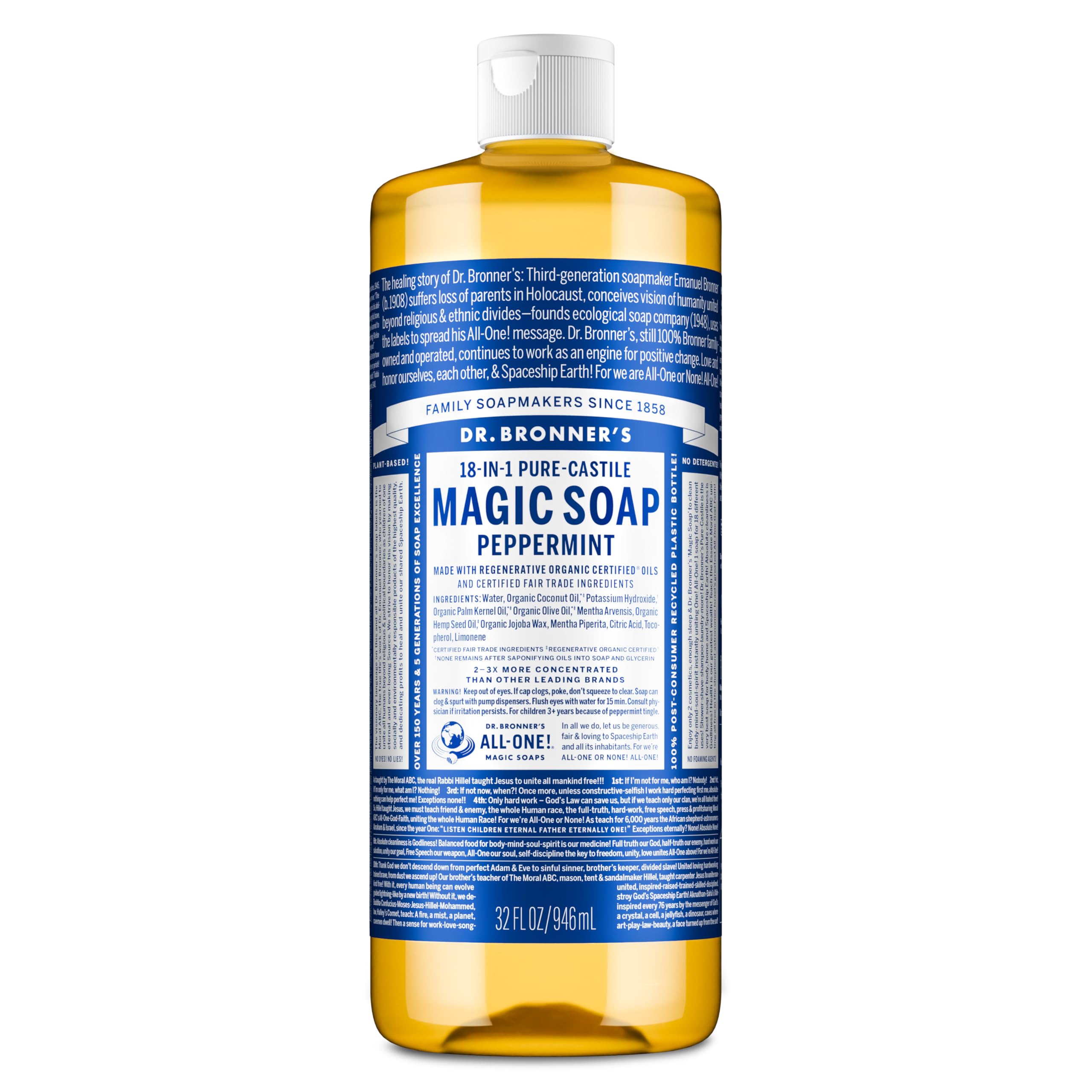 Dr. Bronner's botella frontal 32 oz muestra formato y rendimiento