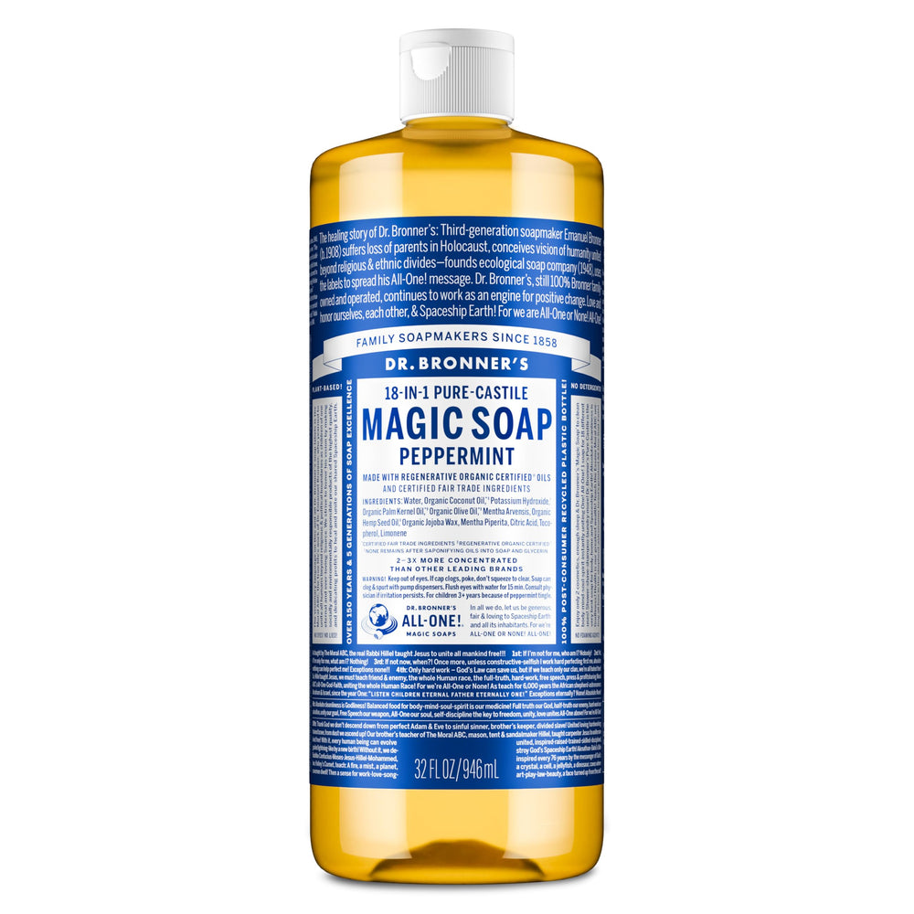 Dr. Bronner's botella frontal 32 oz muestra formato y rendimiento