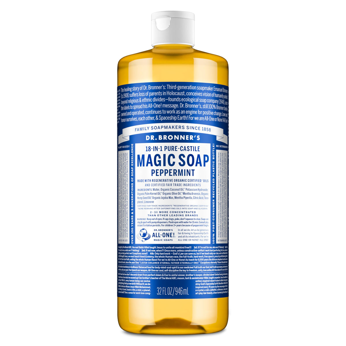 Dr. Bronner's botella frontal 32 oz muestra formato y rendimiento