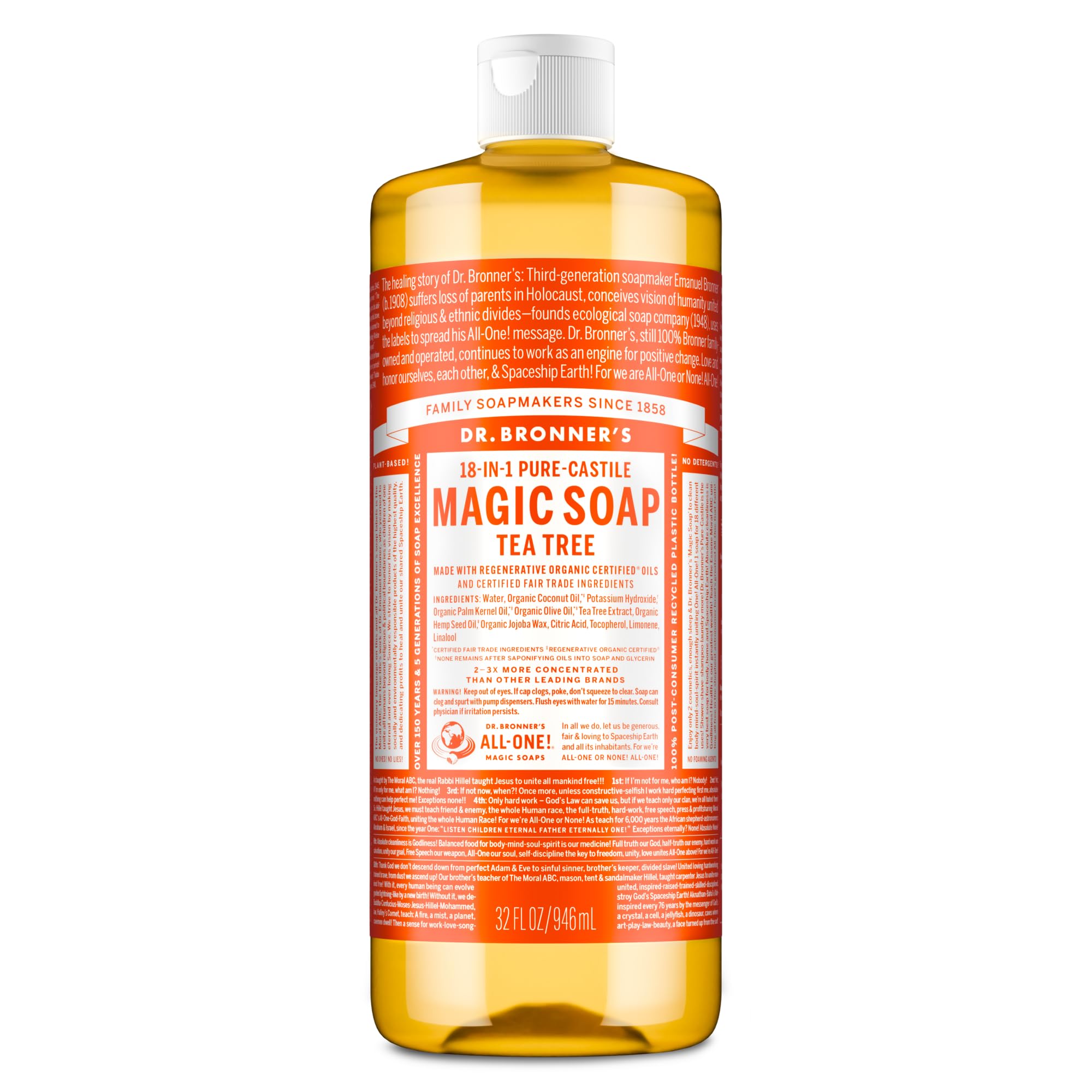 Dr. Bronner's botella frontal árbol de té, muestra concentrada y modo de uso