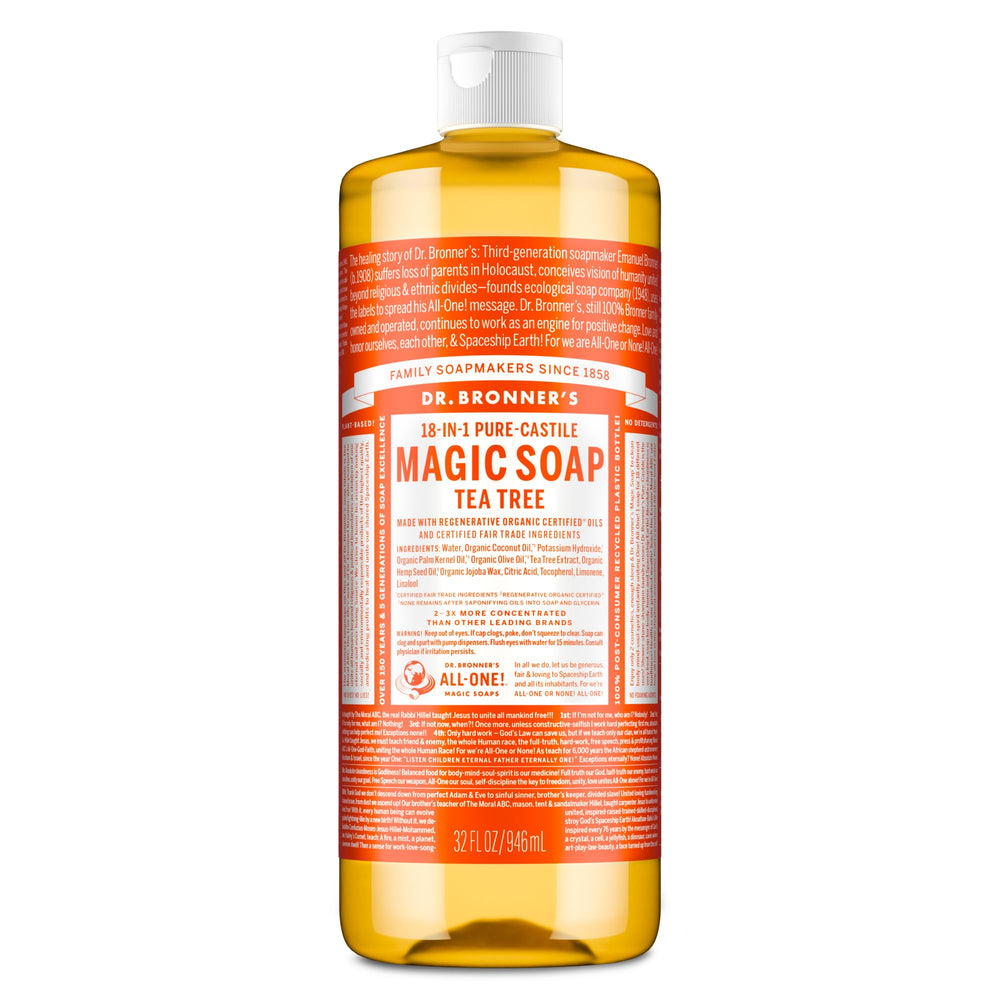 Dr. Bronner's botella frontal árbol de té, muestra concentrada y modo de uso