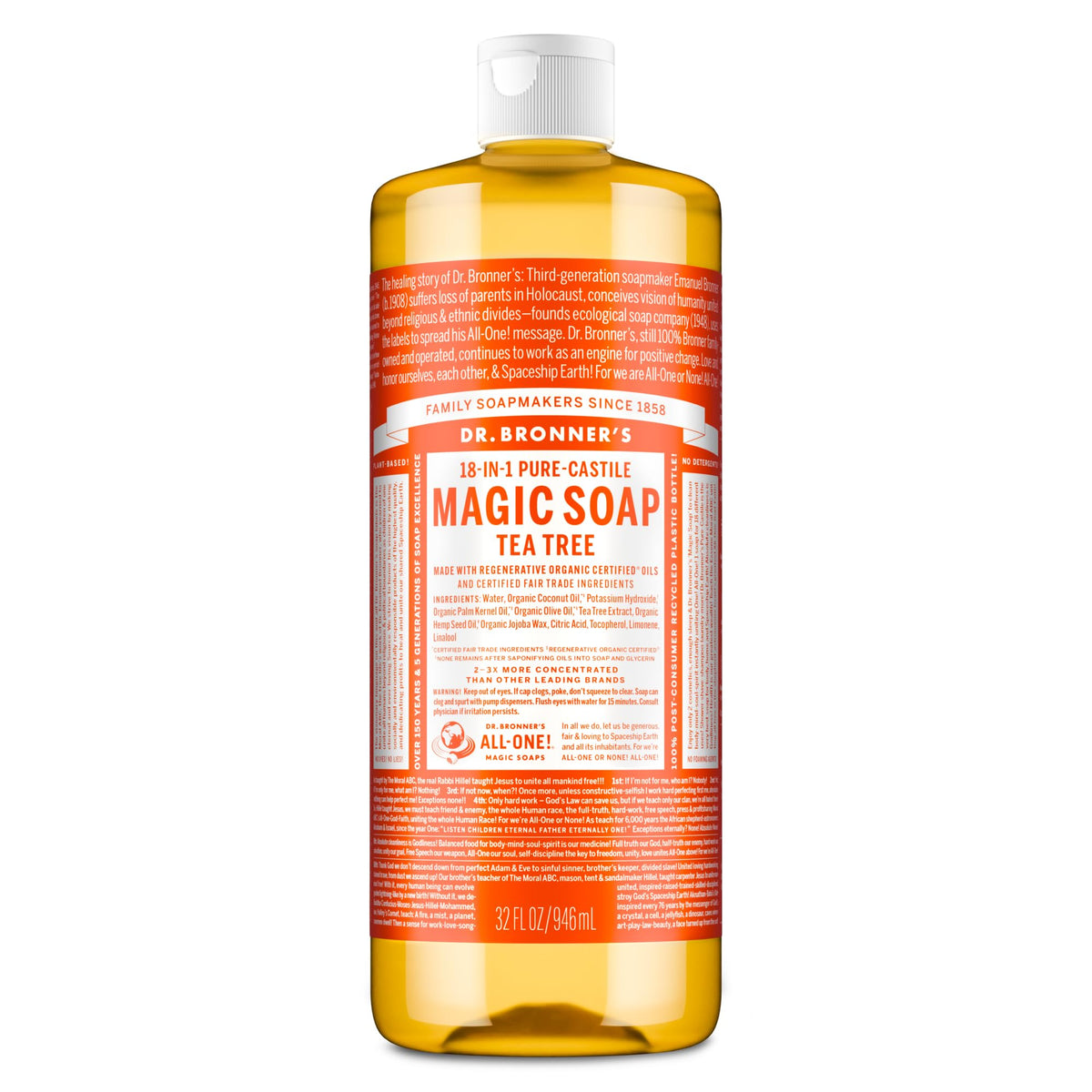 Dr. Bronner's botella frontal árbol de té, muestra concentrada y modo de uso