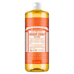Dr. Bronner's botella frontal árbol de té, muestra concentrada y modo de uso
