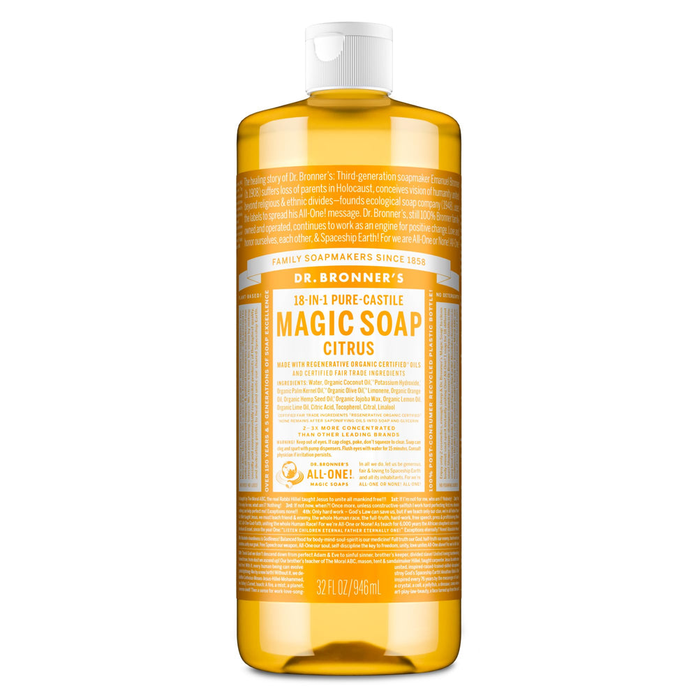 Dr. Bronner's botella frontal 32 oz mostrando etiqueta y tamaño, conveniencia ecológica