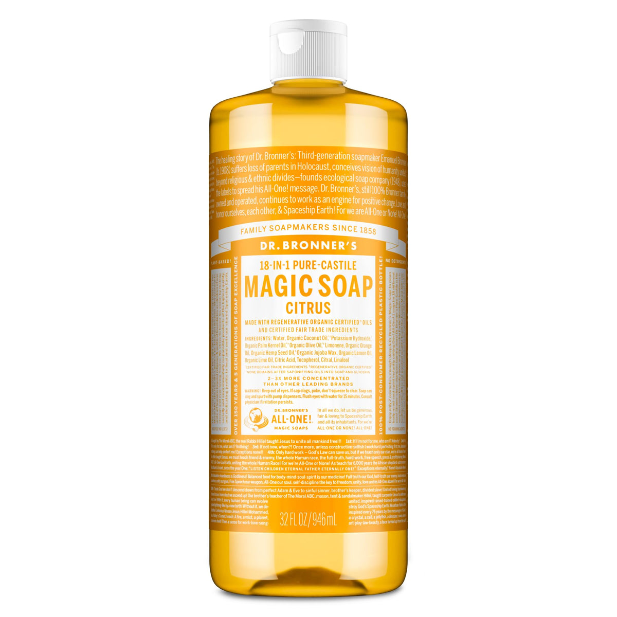 Dr. Bronner's botella frontal 32 oz mostrando etiqueta y tamaño, conveniencia ecológica