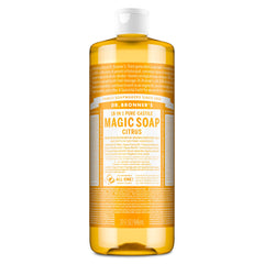 Dr. Bronner's botella frontal 32 oz mostrando etiqueta y tamaño, conveniencia ecológica