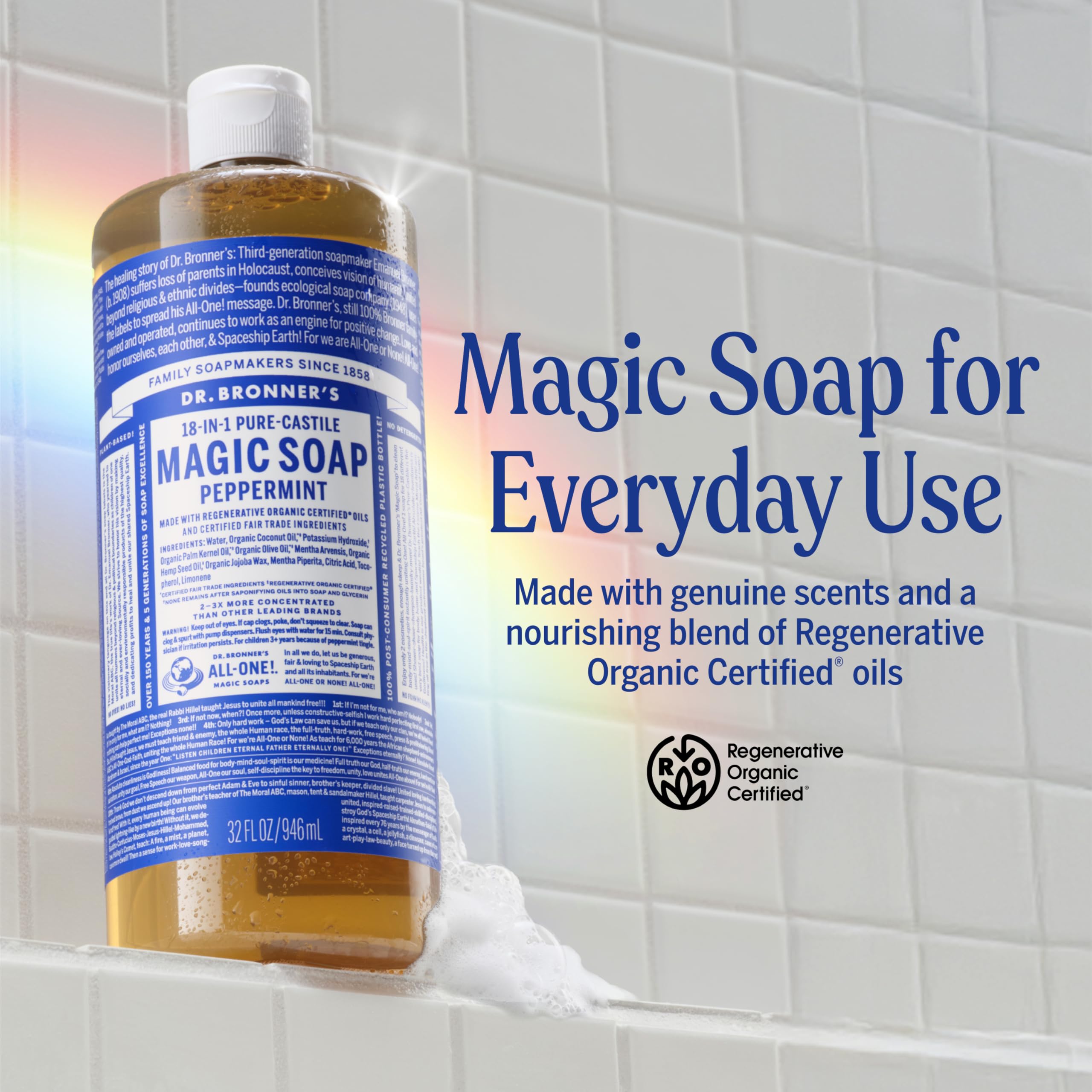 Dr. Bronner's etiqueta con ingredientes orgánicos y certificaciones visibles