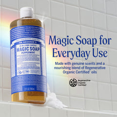 Dr. Bronner's detalle de la etiqueta con aroma a menta y origen orgánico claro
