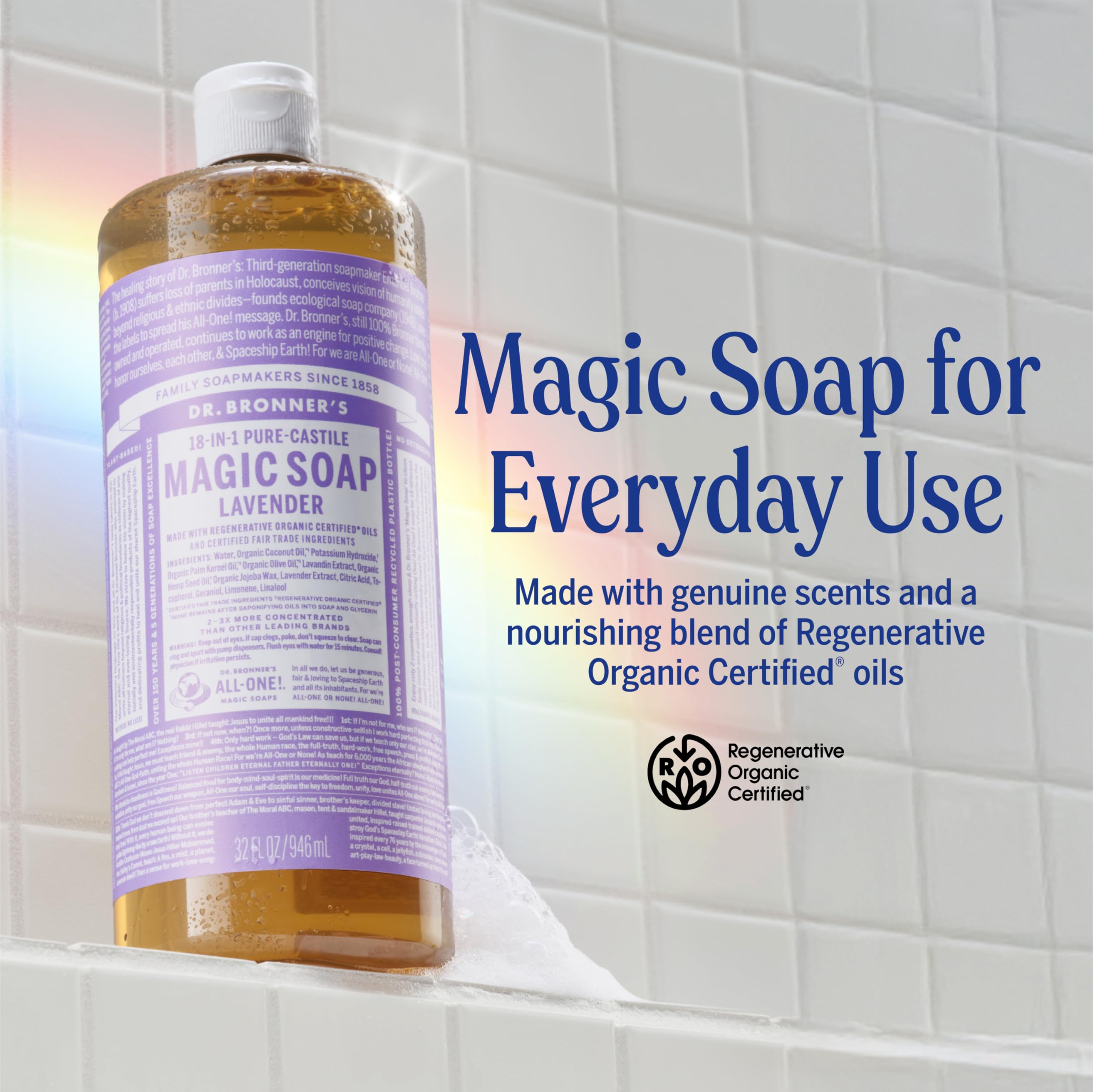 Dr. Bronner's etiqueta en detalle con ingredientes orgánicos y beneficios éticos