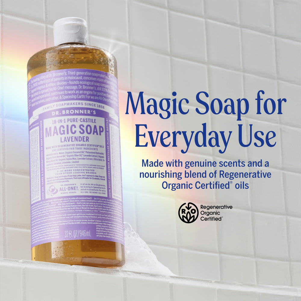Dr. Bronner's etiqueta en detalle con ingredientes orgánicos y beneficios éticos