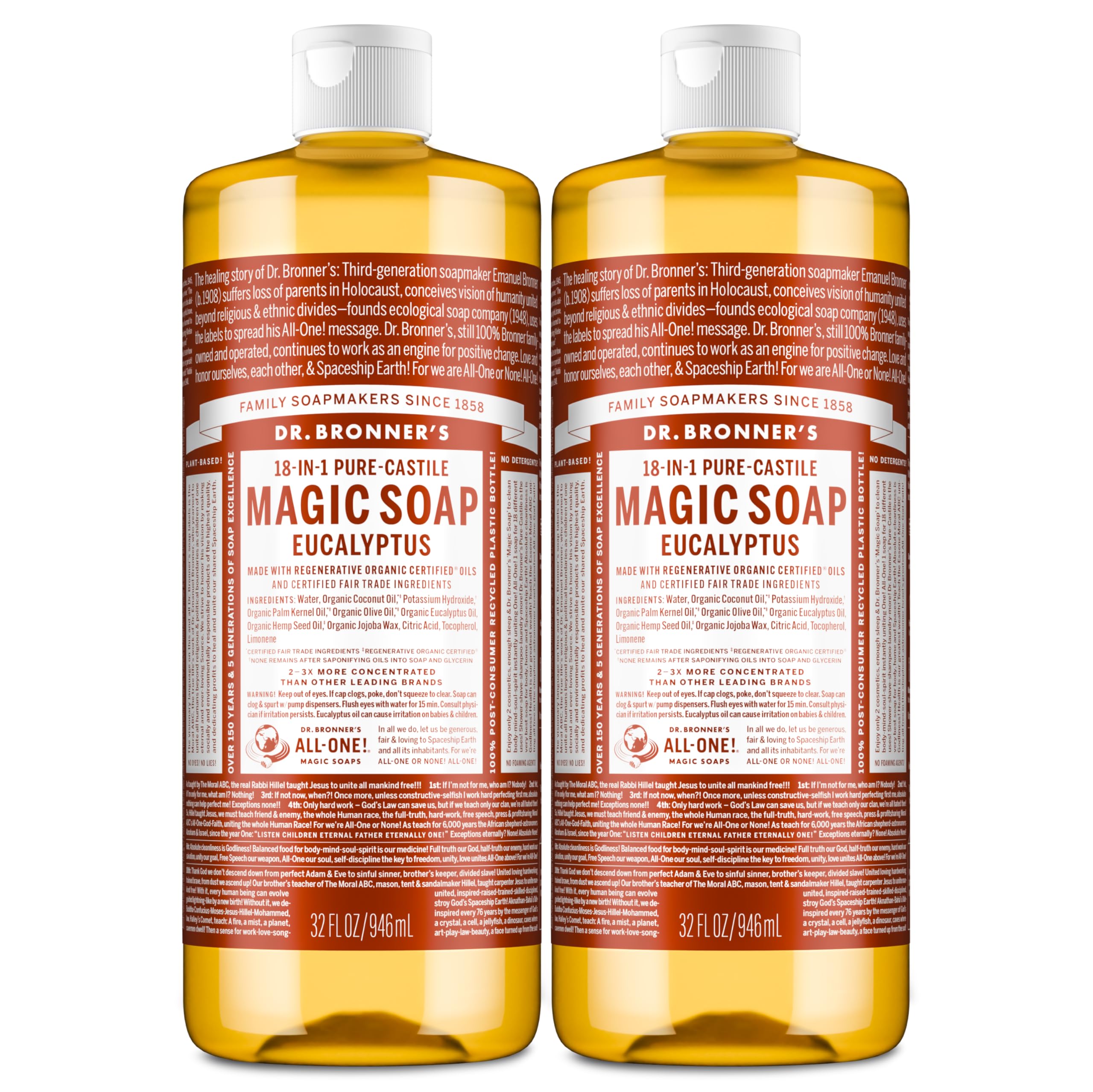 Dr. Bronner's frontal del envase mostrando el pack y beneficio de limpieza versátil