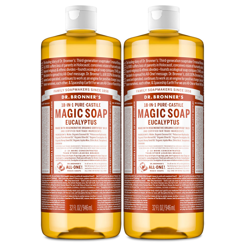 Dr. Bronner's frontal del envase mostrando el pack y beneficio de limpieza versátil