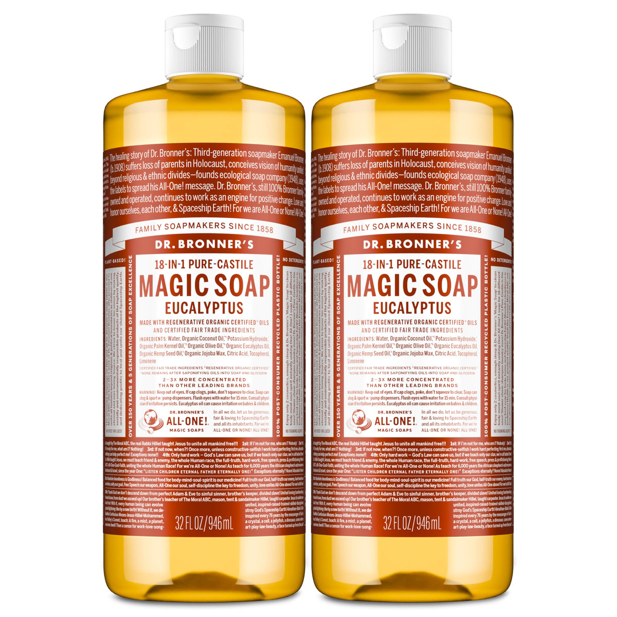 Dr. Bronner's frontal del envase mostrando el pack y beneficio de limpieza versátil