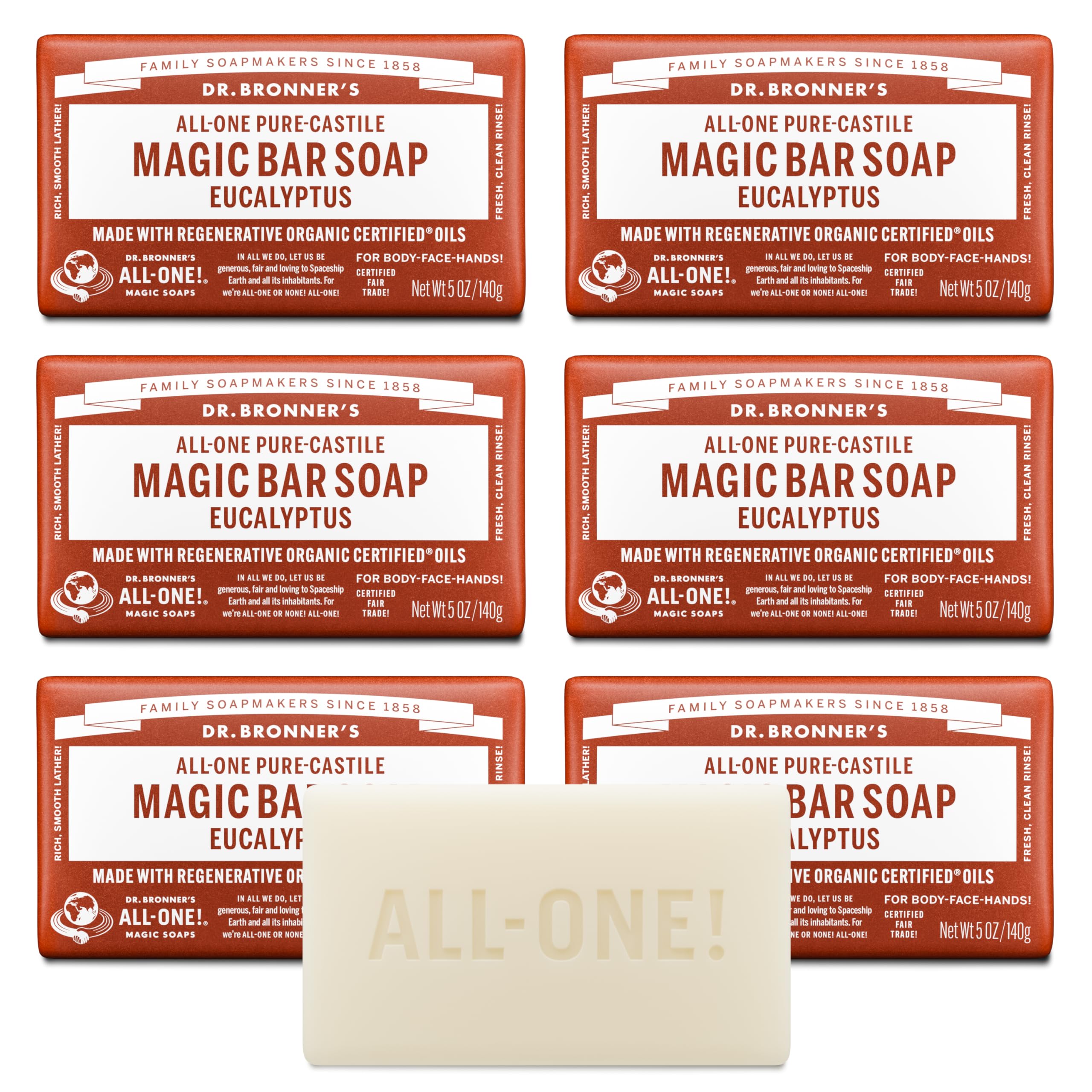 Dr. Bronner's barra frente mostrando etiqueta y beneficio limpieza vegetal