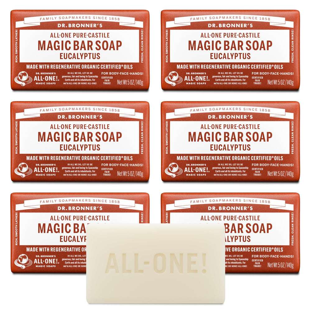 Dr. Bronner's barra frente mostrando etiqueta y beneficio limpieza vegetal