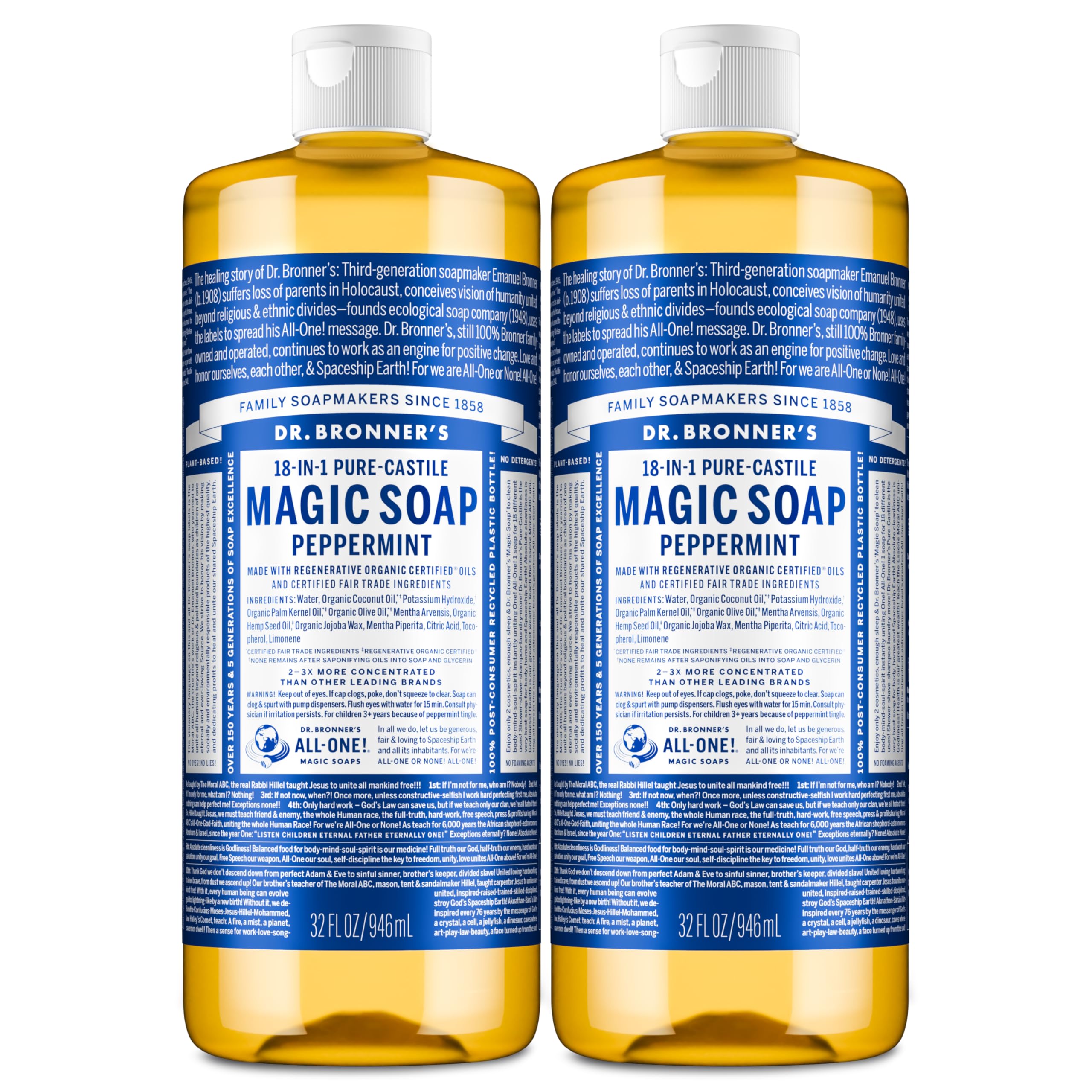 Dr. Bronner's vista frontal del pack de dos botellas muestra ahorro y versatilidad