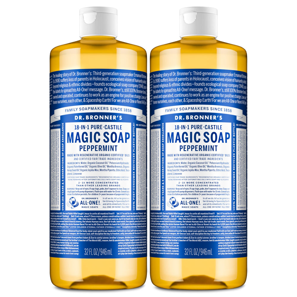 Dr. Bronner's vista frontal del pack de dos botellas muestra ahorro y versatilidad