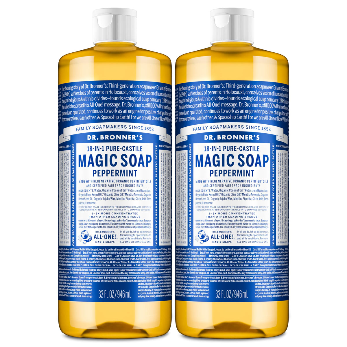 Dr. Bronner's vista frontal del pack de dos botellas muestra ahorro y versatilidad