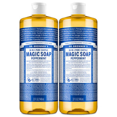 Dr. Bronner's vista frontal del pack de dos botellas muestra ahorro y versatilidad