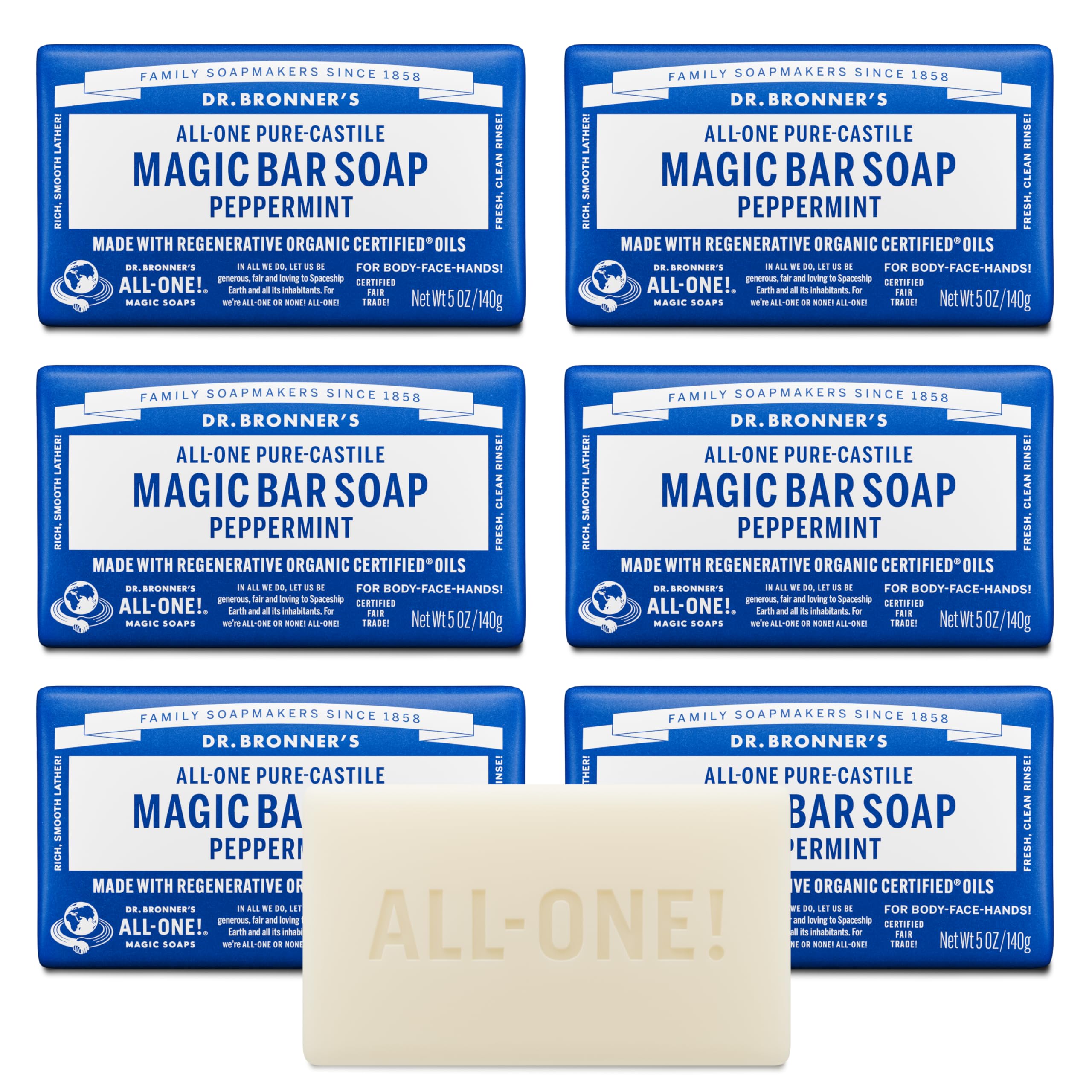 Dr. Bronner's front packaging showing six peppermint soap bars and labeling benefit