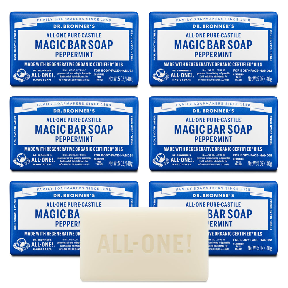Dr. Bronner's front packaging showing six peppermint soap bars and labeling benefit