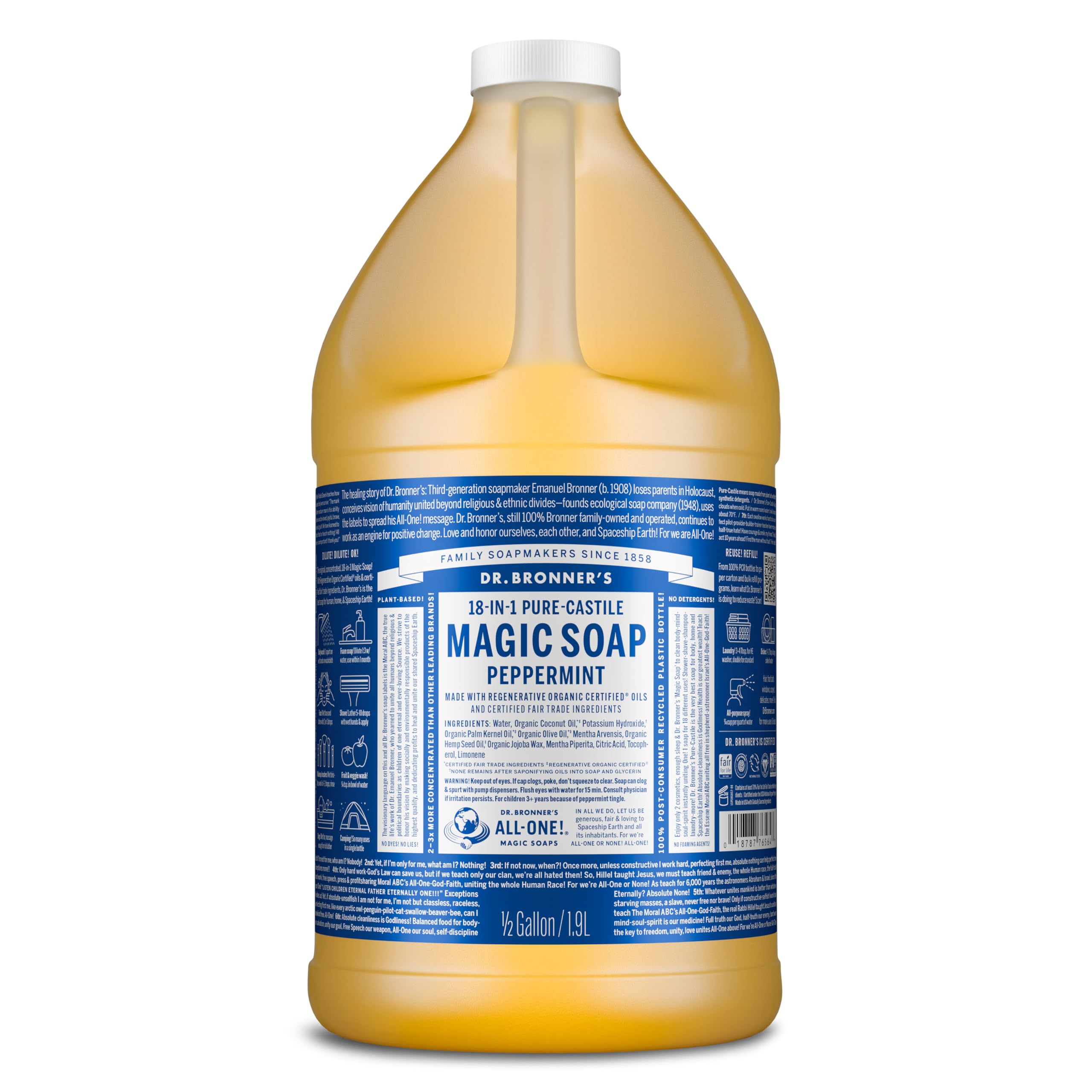 Dr. Bronner's botella frontal 64 oz mostrando etiqueta y tamaño