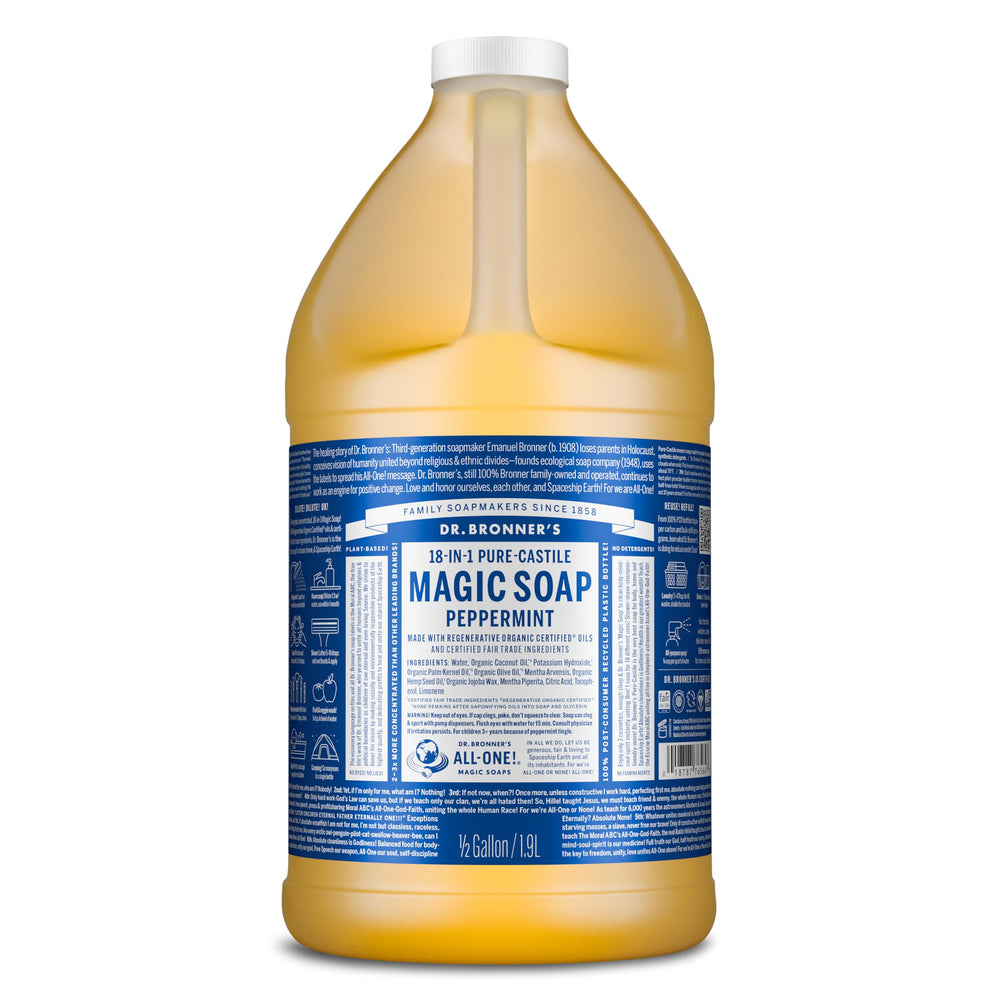 Dr. Bronner's botella frontal 64 oz mostrando etiqueta y tamaño