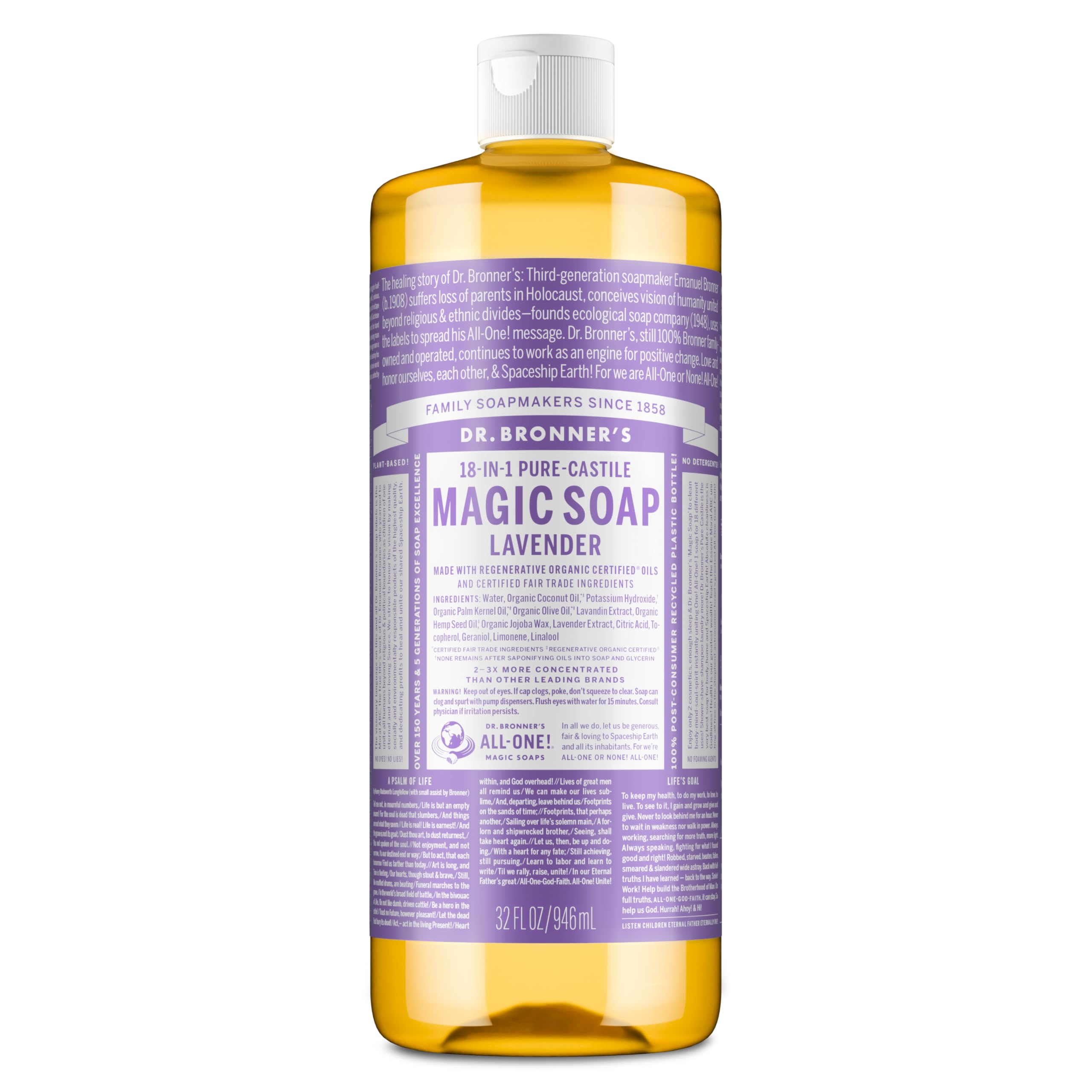 Dr. Bronner's botella frontal lavanda mostrando envase y aroma relajante