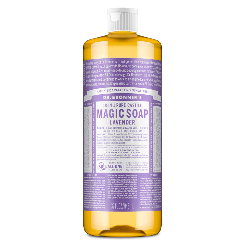 Dr. Bronner's botella frontal lavanda mostrando envase y aroma relajante