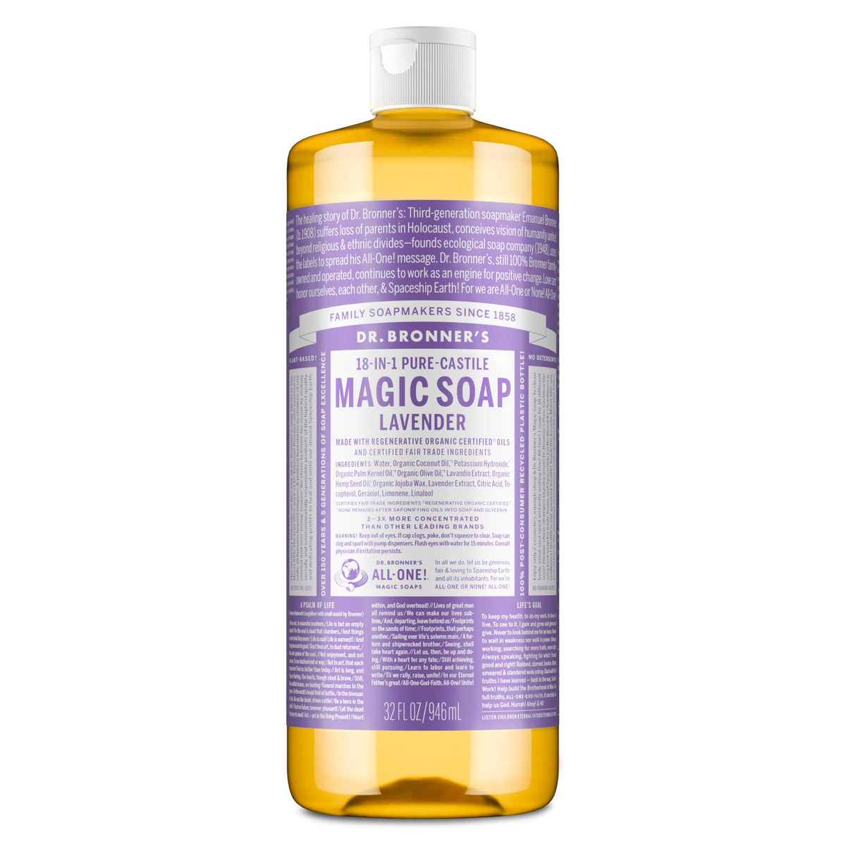 Dr. Bronner's botella frontal lavanda mostrando envase y aroma relajante