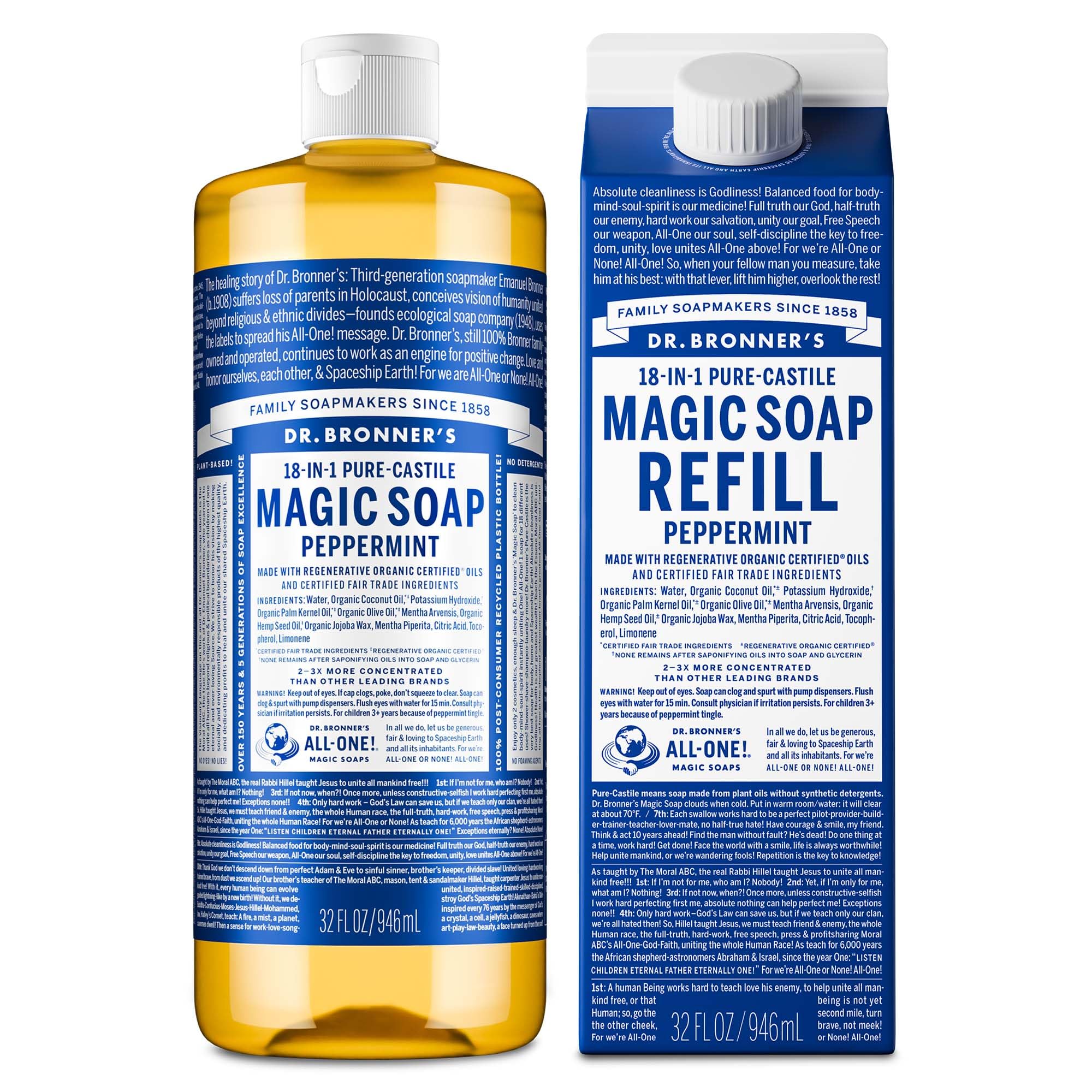 Dr. Bronner's botella frontal de menta mostrando diseño y uso sostenible
