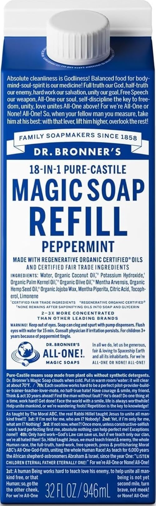 Dr. Bronner's caja recarga peppermint frontal mostrando ahorro de plástico