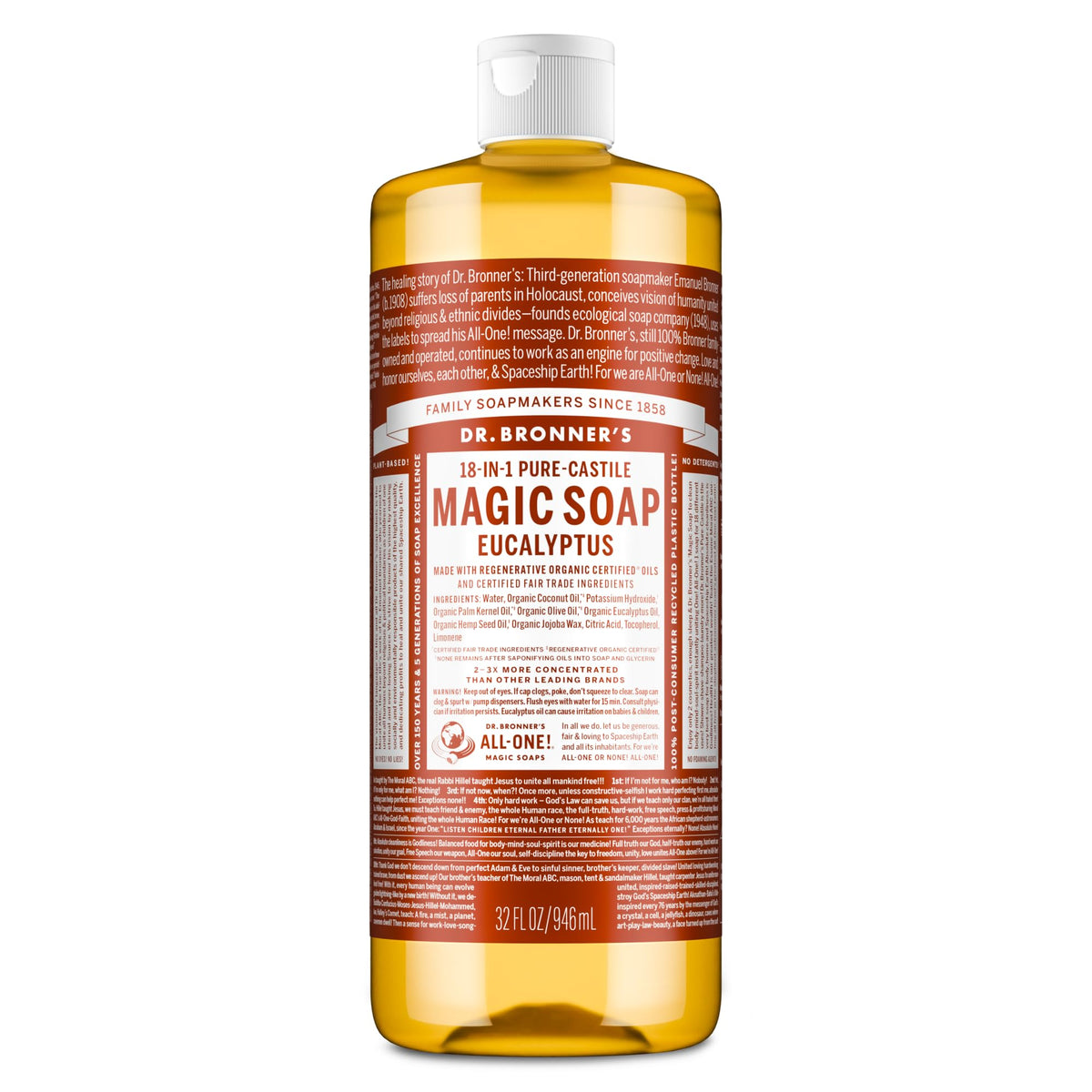 Dr. Bronner's botella frontal eucalipto mostrando tamaño y diseño
