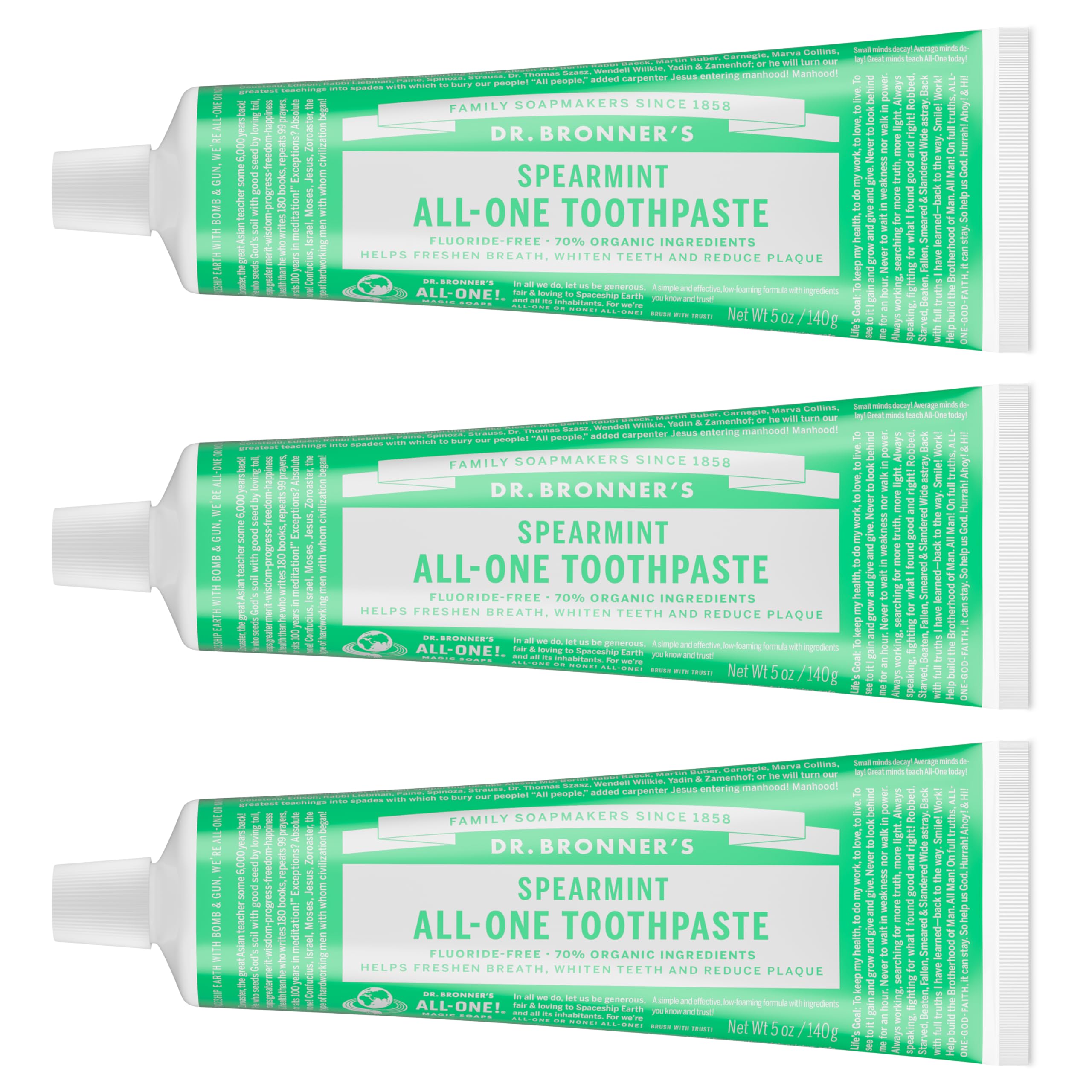 Dr. Bronner's vista frontal del pack de tres tubos mostrando el empaque y la marca