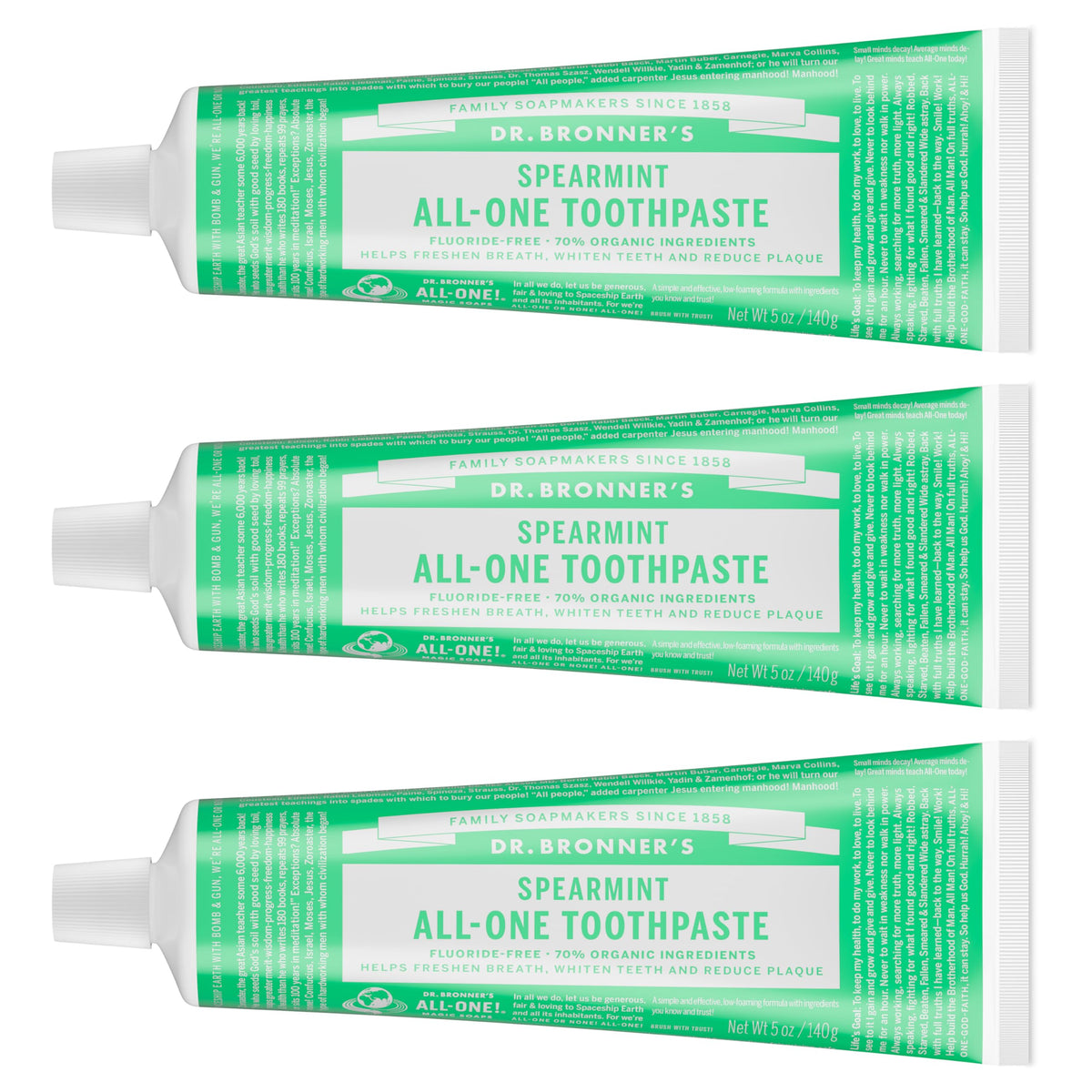 Dr. Bronner's vista frontal del pack de tres tubos mostrando el empaque y la marca